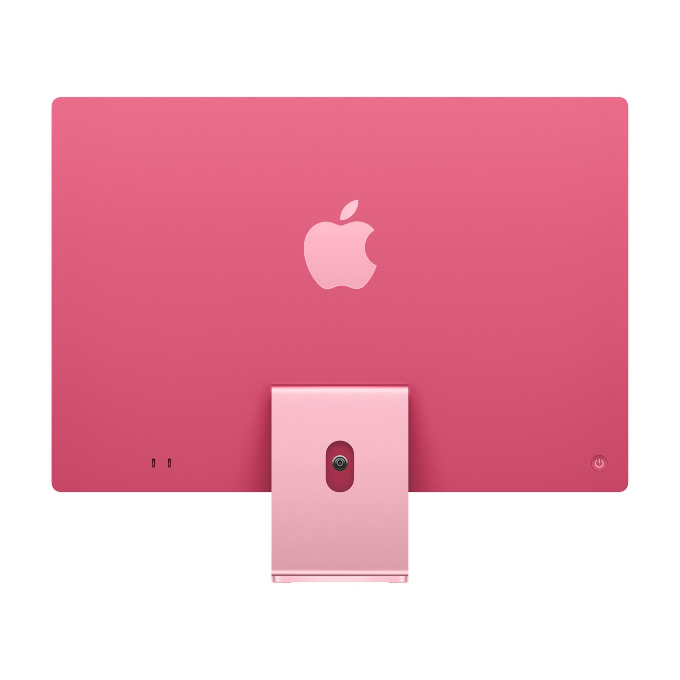 Retro di un iMac rosa con logo Apple e supporto.