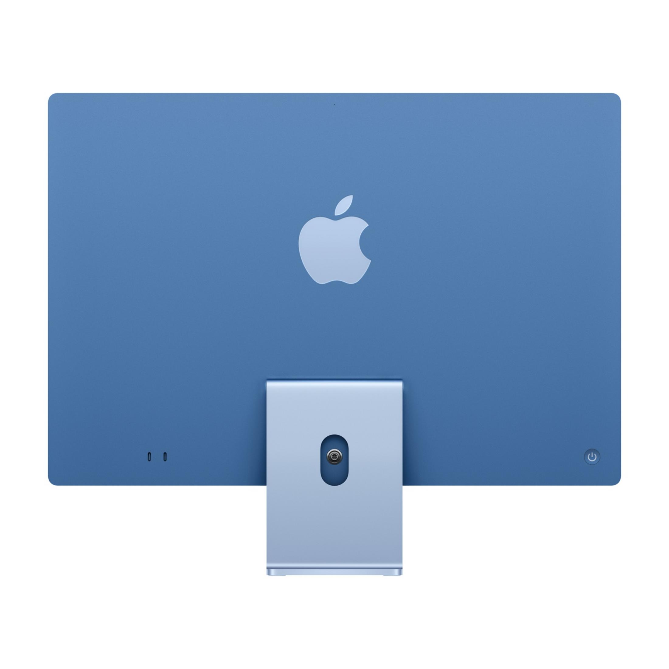 Arrière d'un iMac bleu avec logo Apple et support.