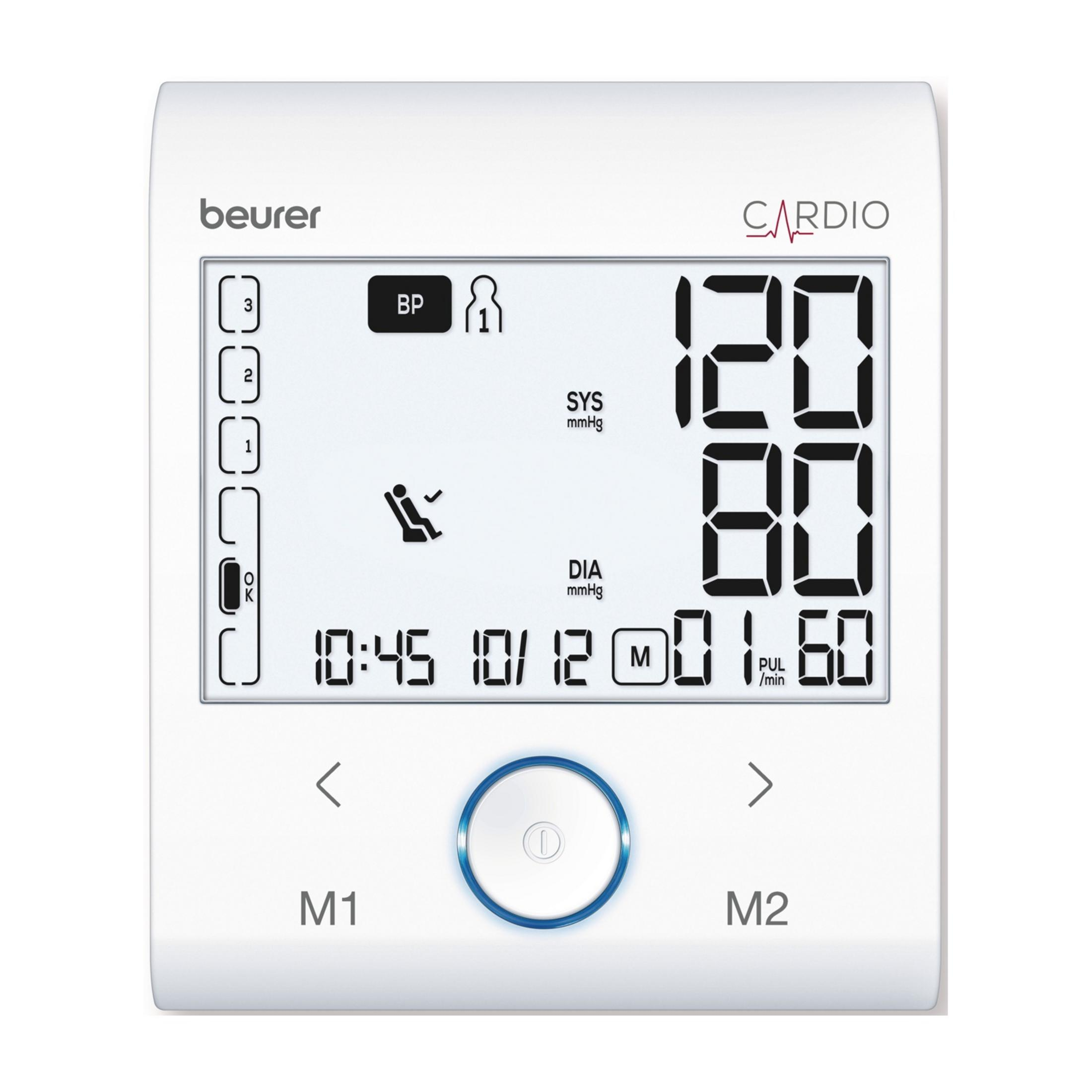 Ein weißes Beurer Blutdruckmessgerät zeigt 120/80 mmHg und 60 Pulsschläge/min.