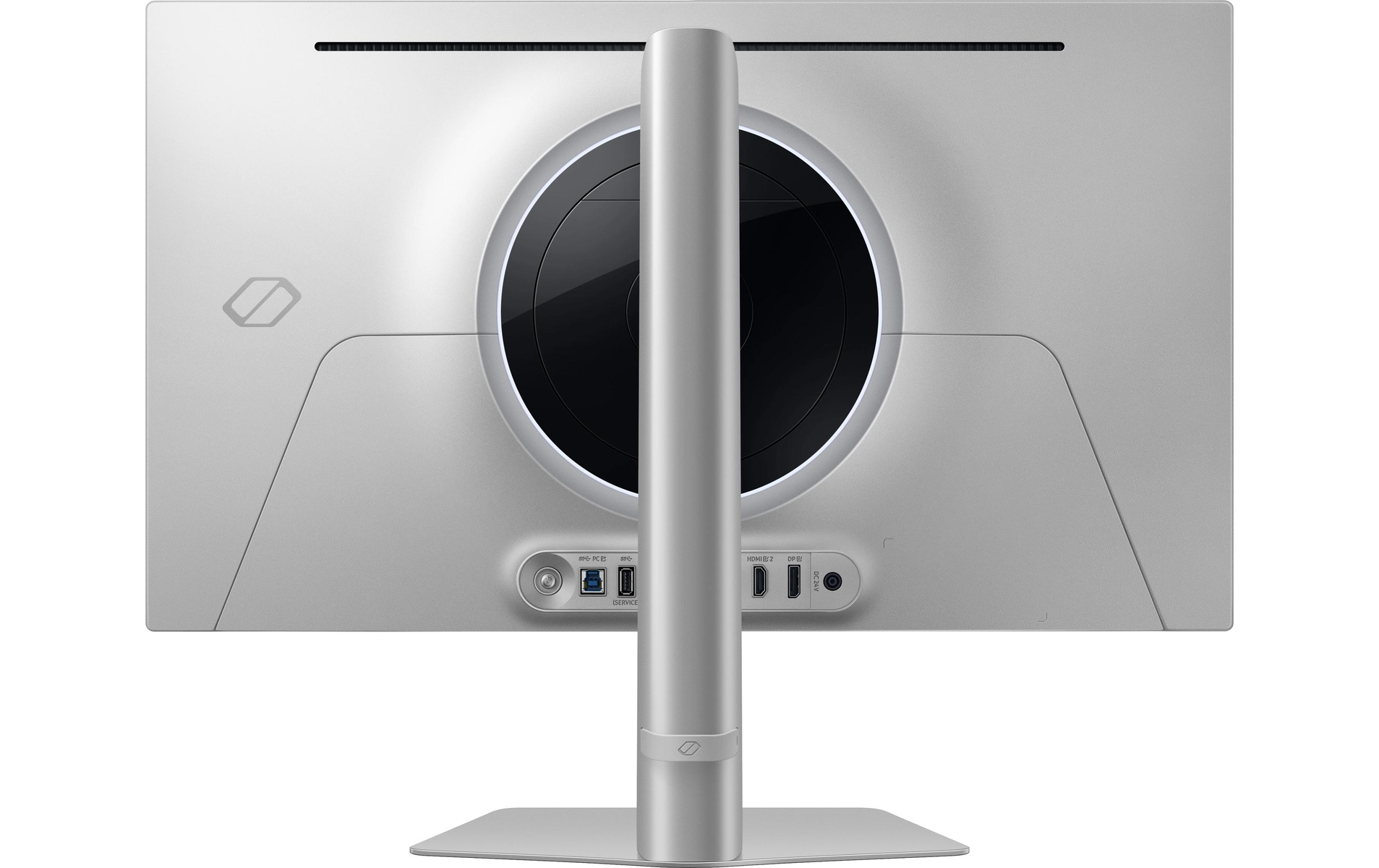 Tył srebrnego monitora z portami i okrągłym elementem.