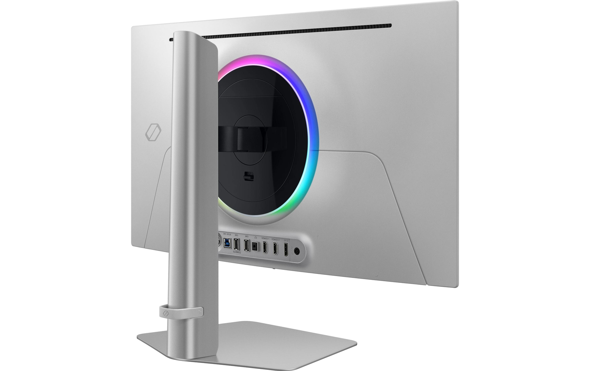 Tył srebrnego monitora z podświetleniem pierścieniowym RGB i portami.