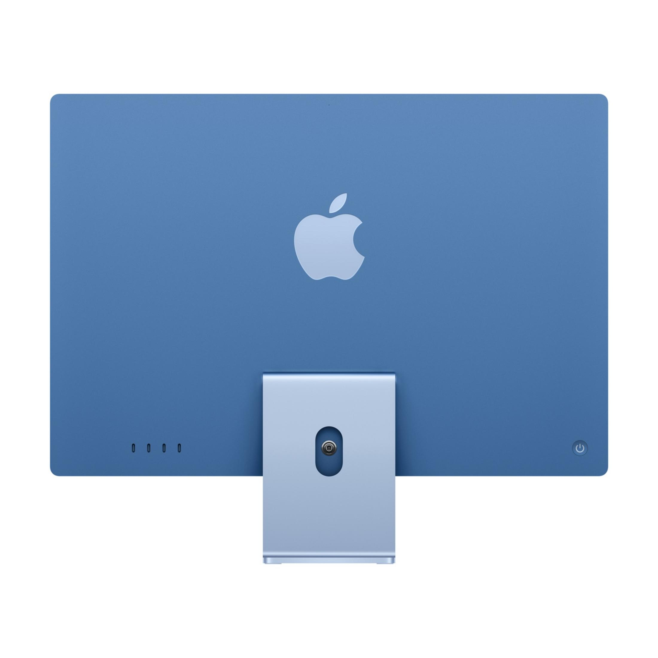 iMac blu con logo Apple e supporto, vista posteriore.