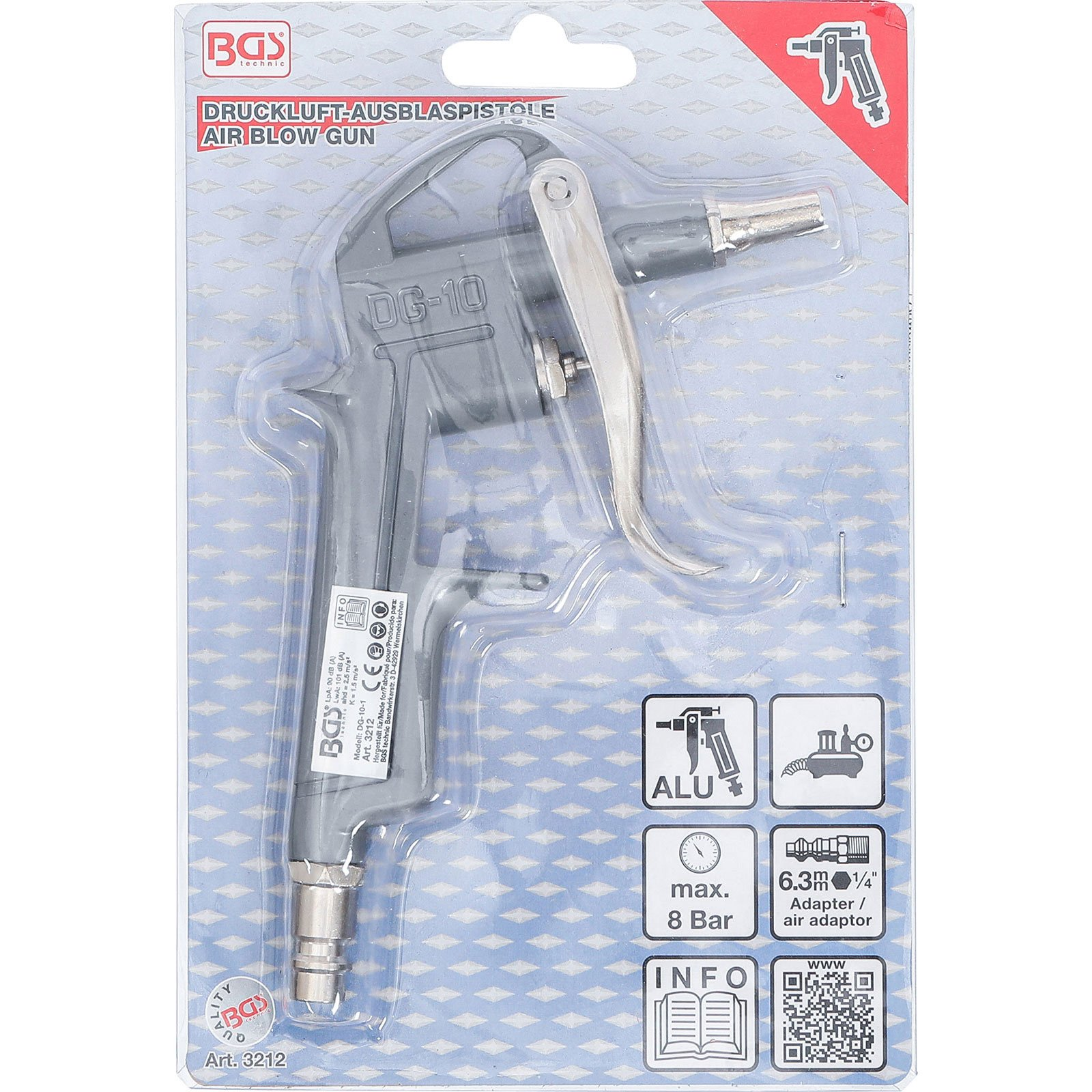 Graue Druckluftpistole DG-10 von BGS, verpackt in Blister.