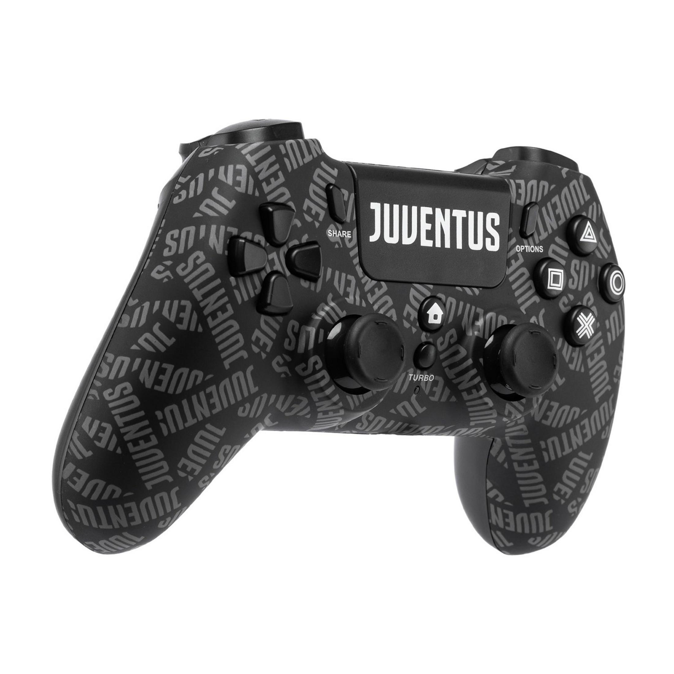 Een zwarte gamecontroller met Juventus-logo en herhalende tekst.