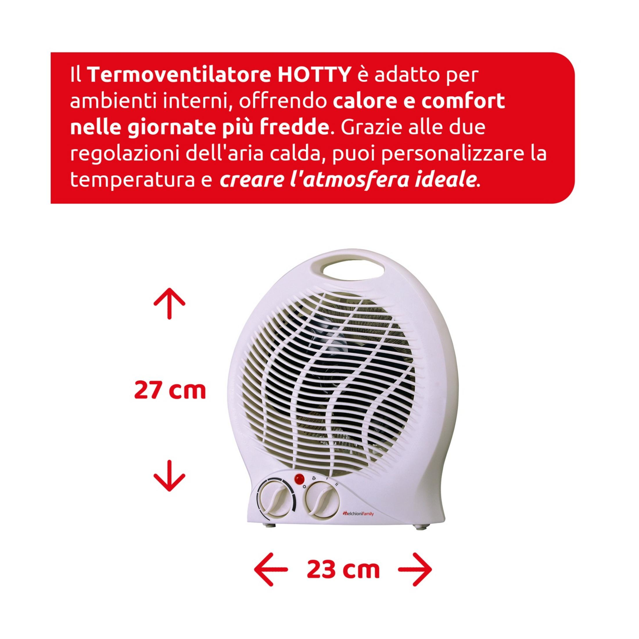Biały przenośny grzejnik wentylatorowy z kratką, sterowaniem. Wysokość: 27cm. Szerokość: 23cm.
