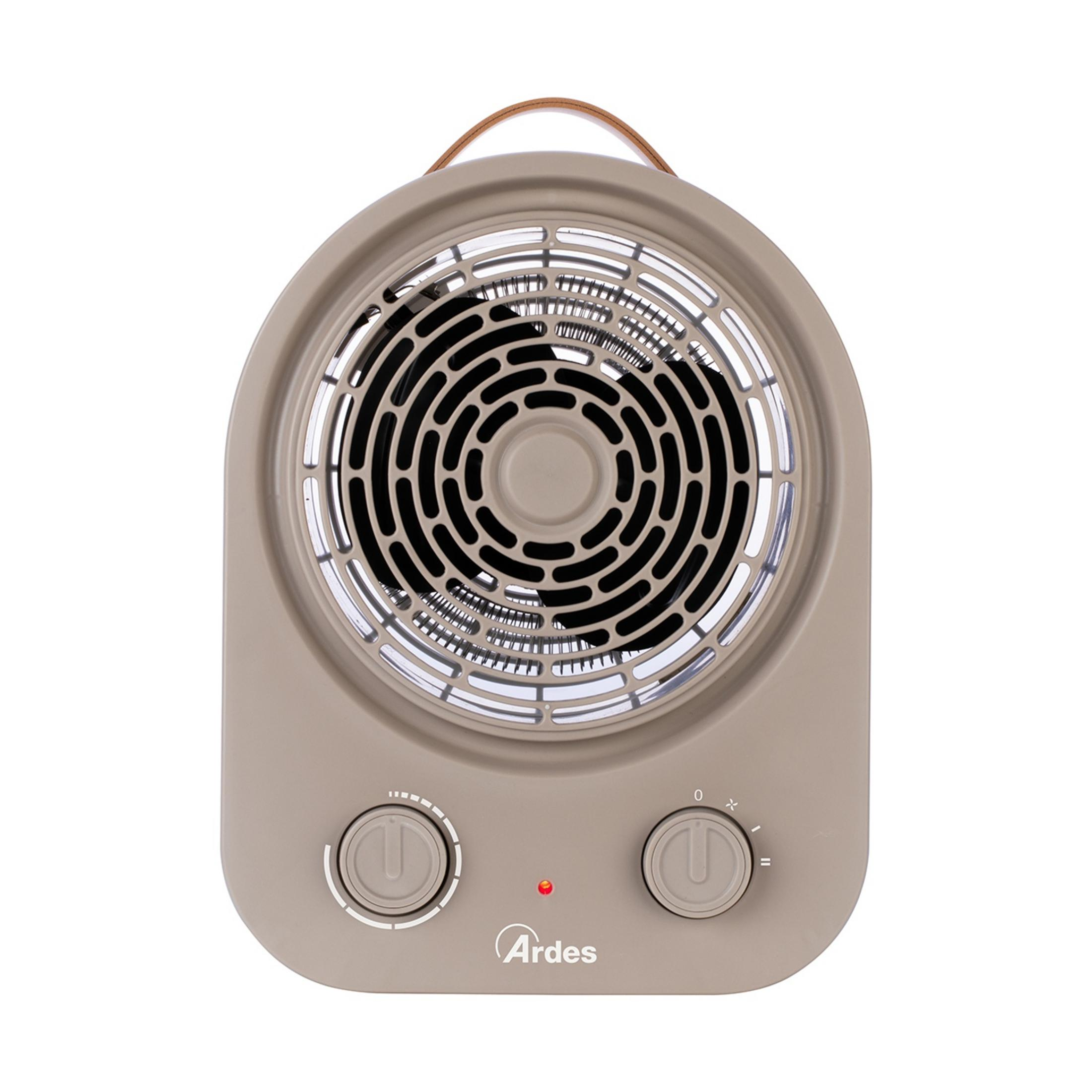 Beżowy grzejnik wentylatorowy z kratką i pokrętłami.