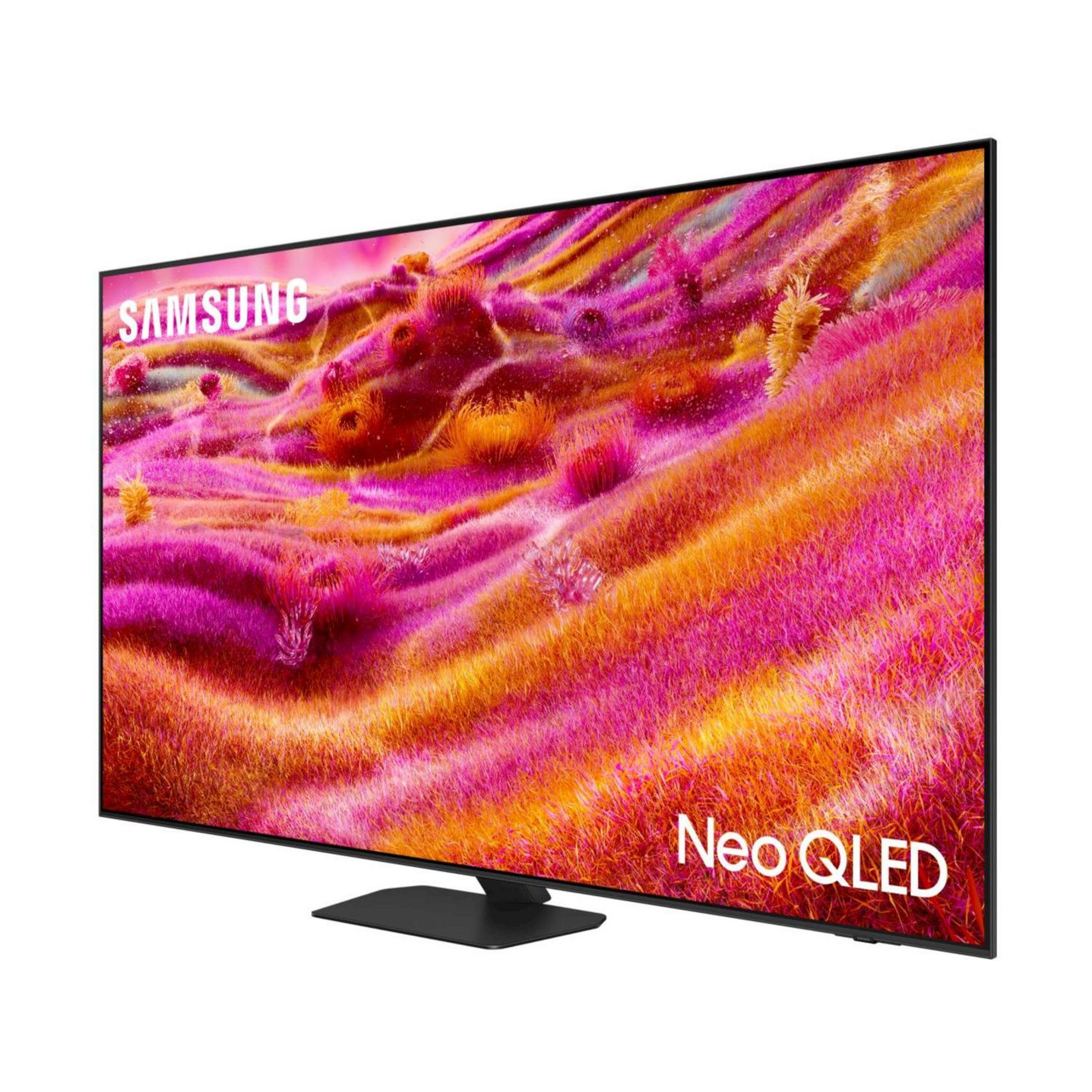 Una TV Samsung Neo QLED con immagine vibrante e supporto nero.