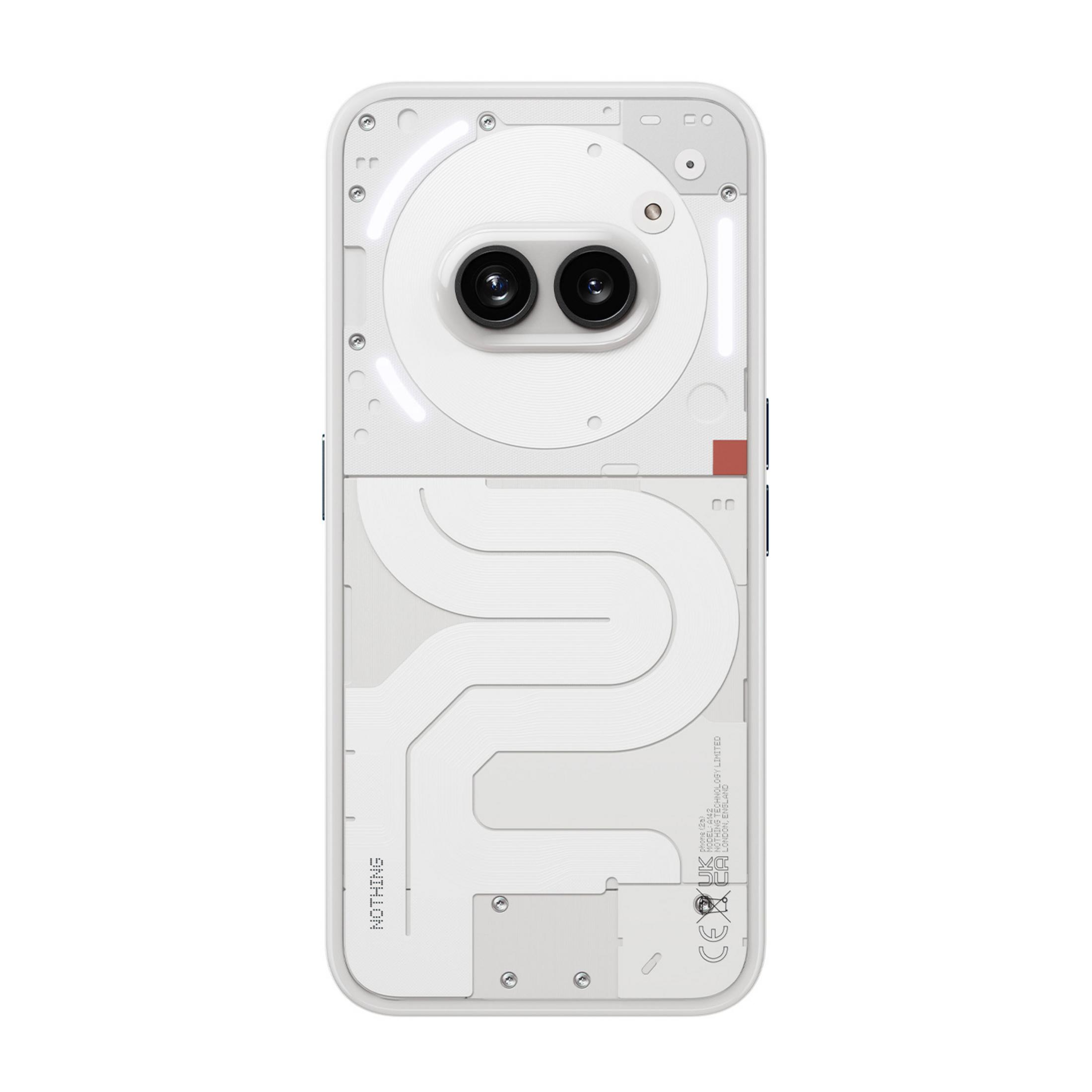 Biały smartfon pokazuje tył z dwoma aparatami i logo NOTHING.