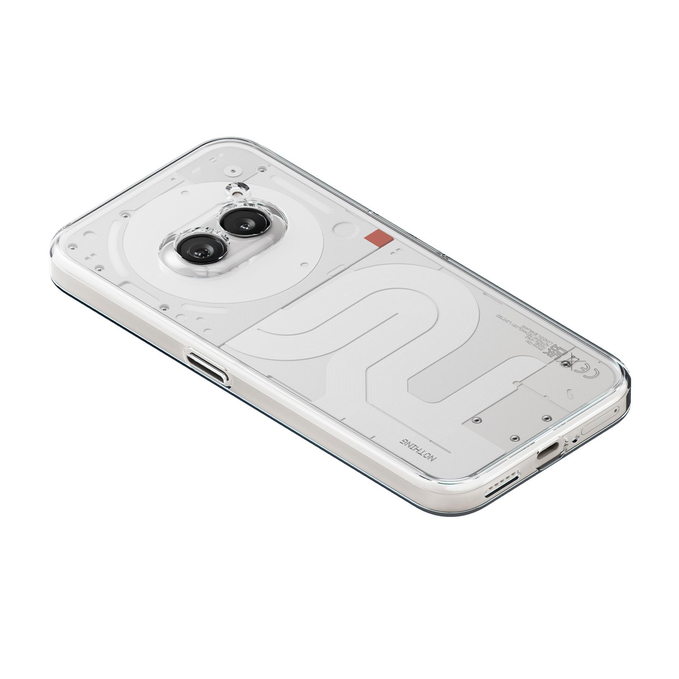 Przezroczyste etui na telefon ukazujące wewnętrzne komponenty i logo 'Nothing'.