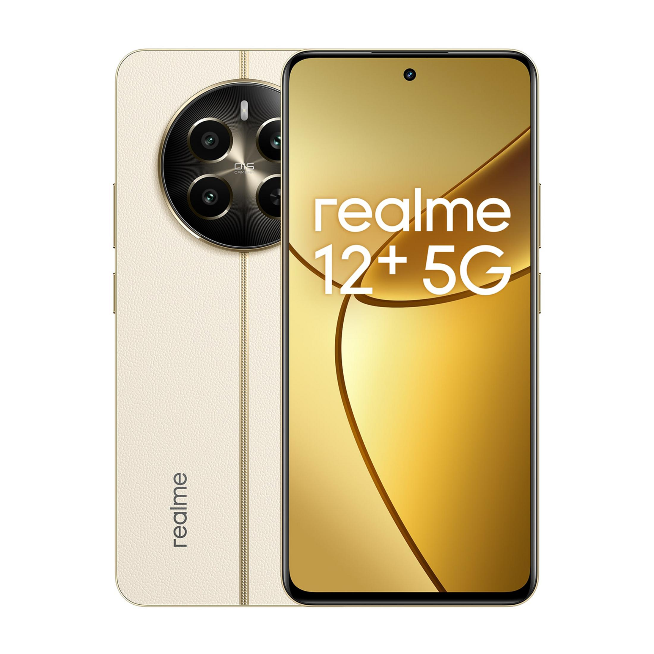 Uno smartphone Realme 12+ 5G color crema con unità fotocamera circolare.