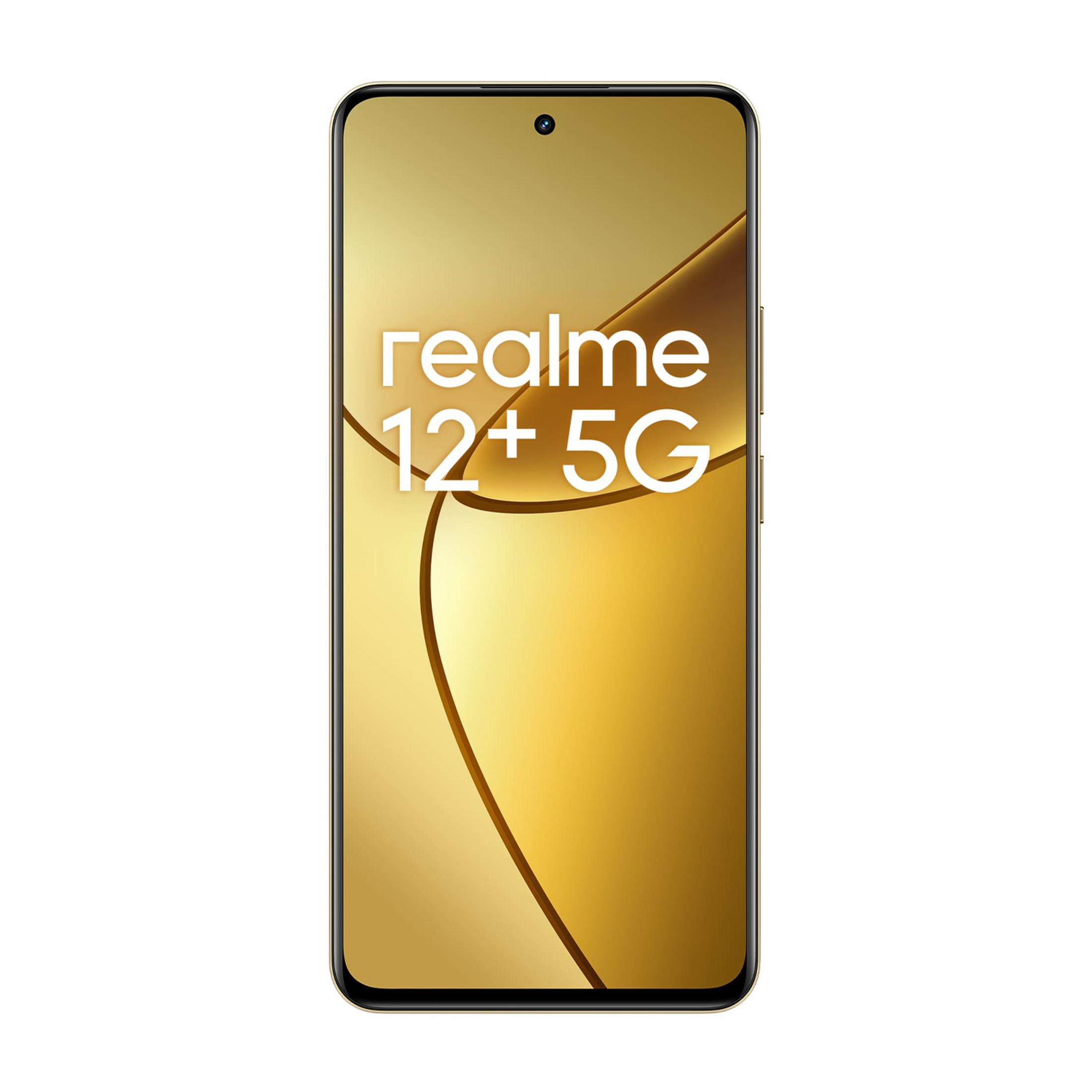 Uno smartphone Realme 12+ 5G dorato con sfondo astratto.