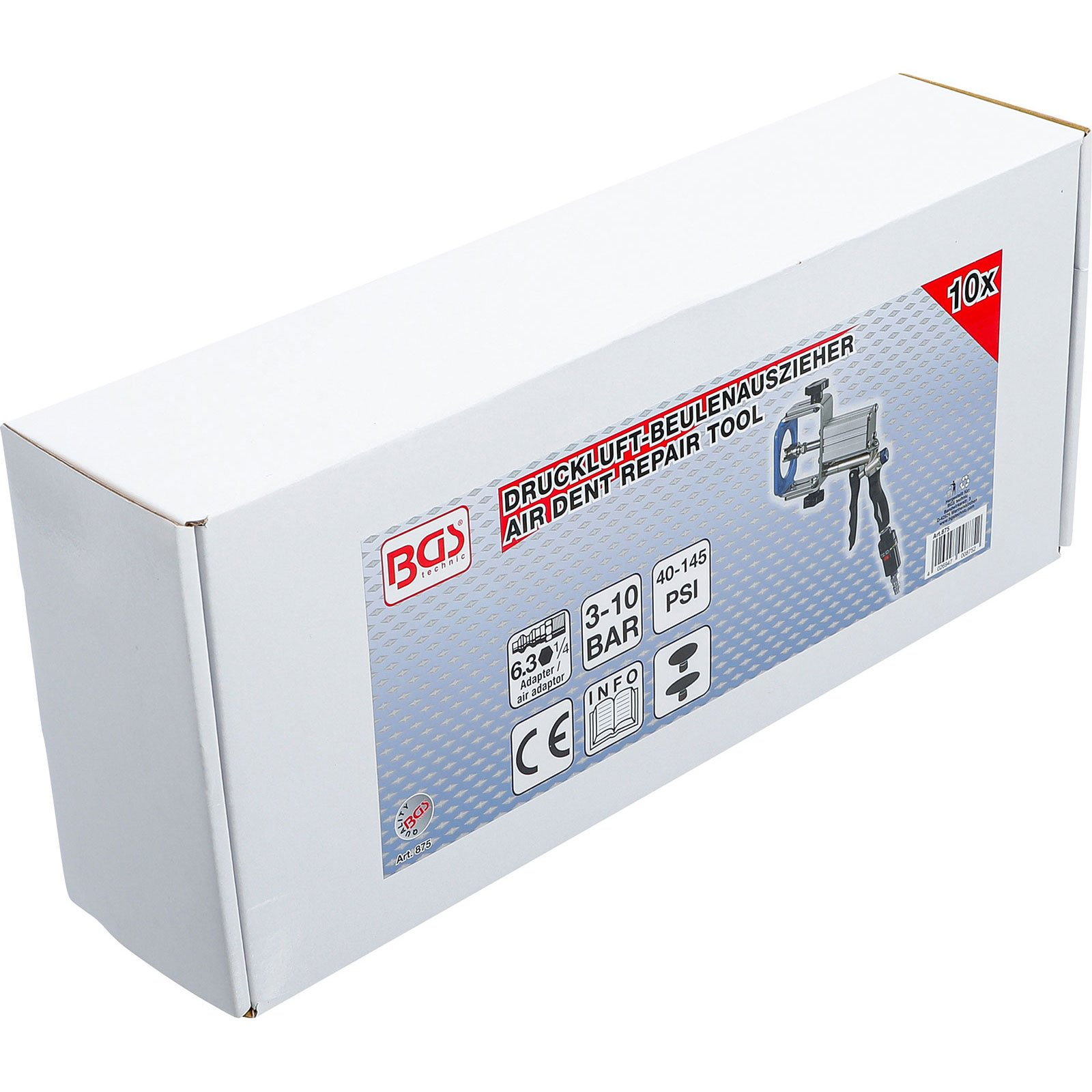 Verpackung eines BGS Druckluft-Beulenziehers mit Werkzeugabbildung und Spezifikationen.