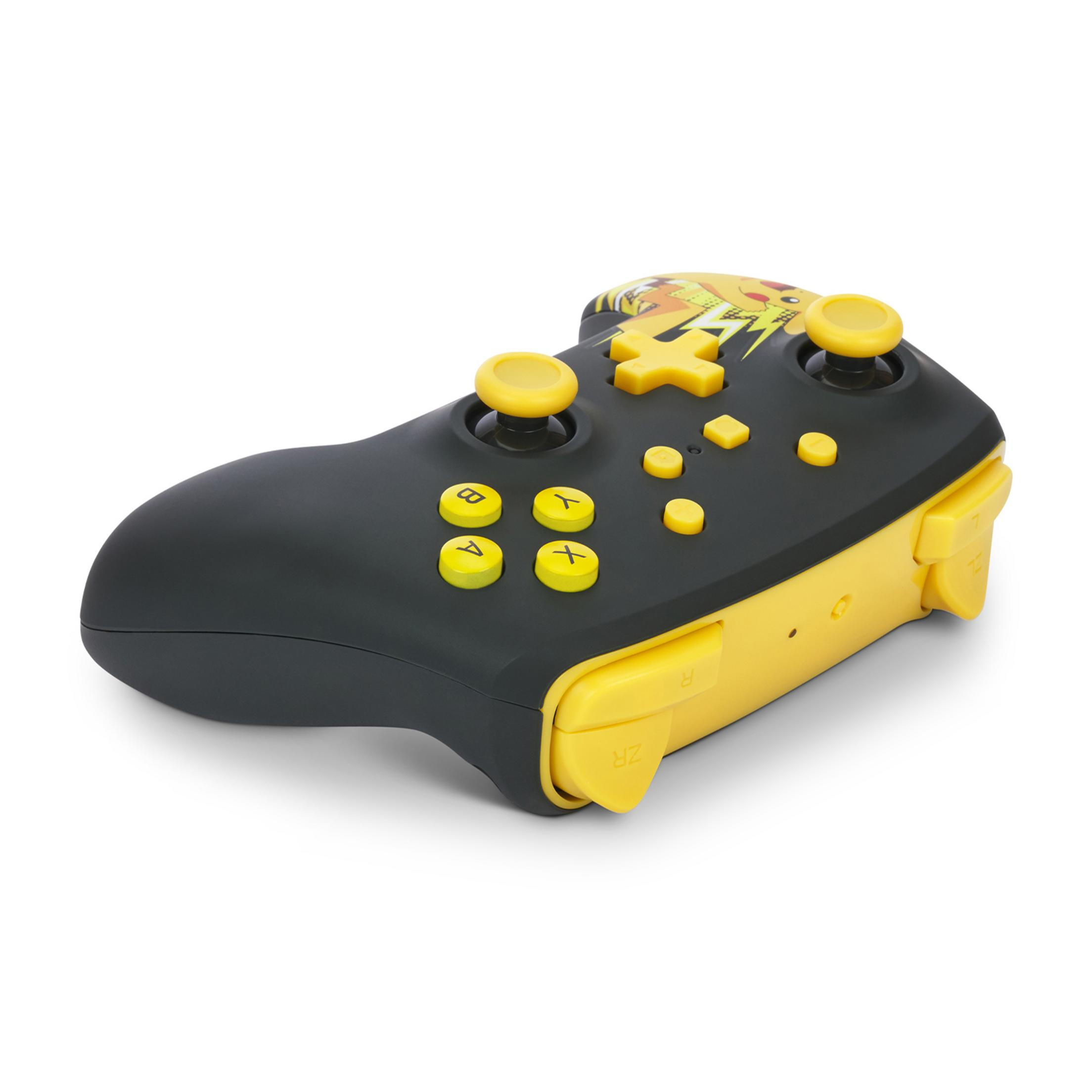 Schwarzer und gelber Controller mit Pikachu-Motiv und gelben Tasten.