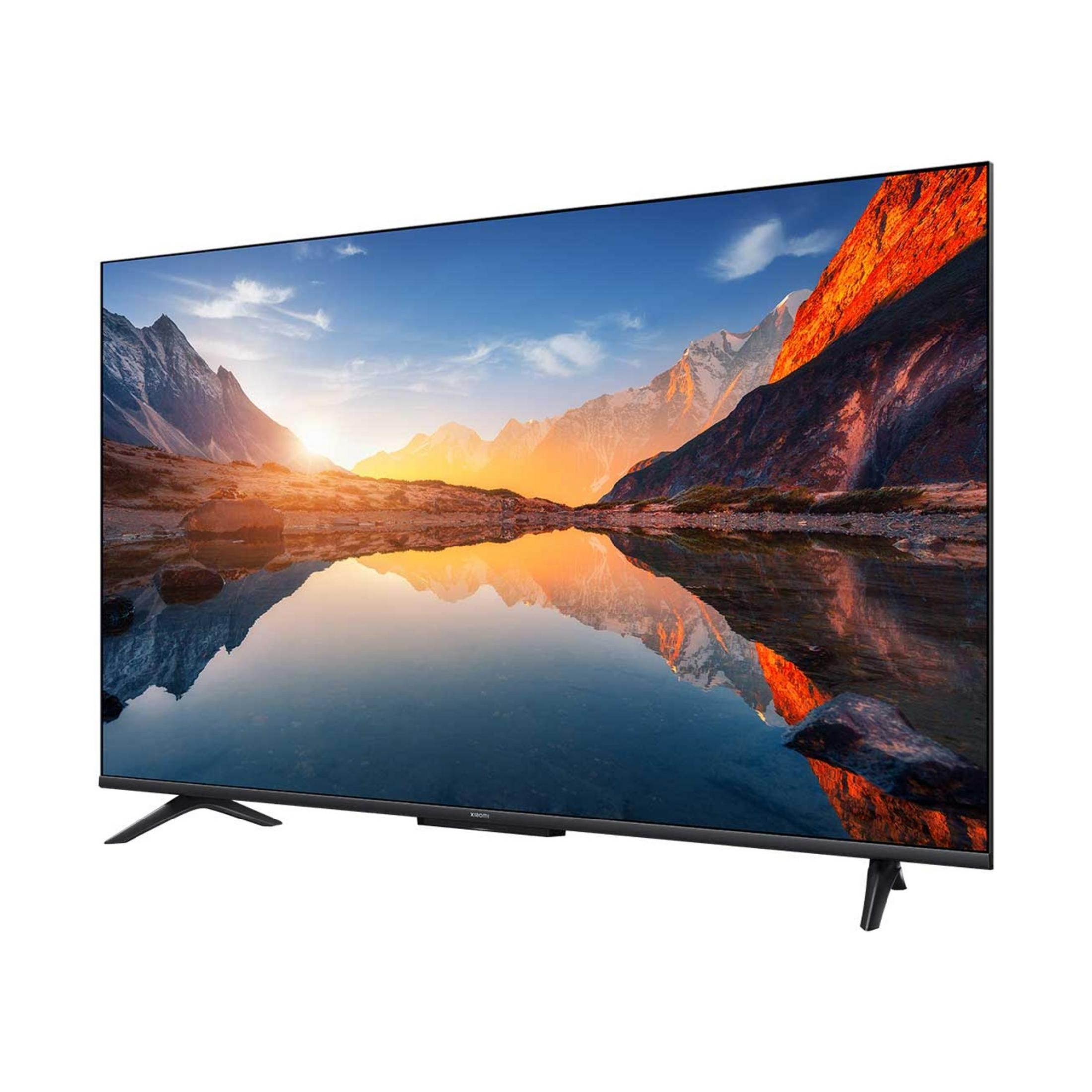 Nowoczesny telewizor wyświetlający krajobraz górskiego jeziora.