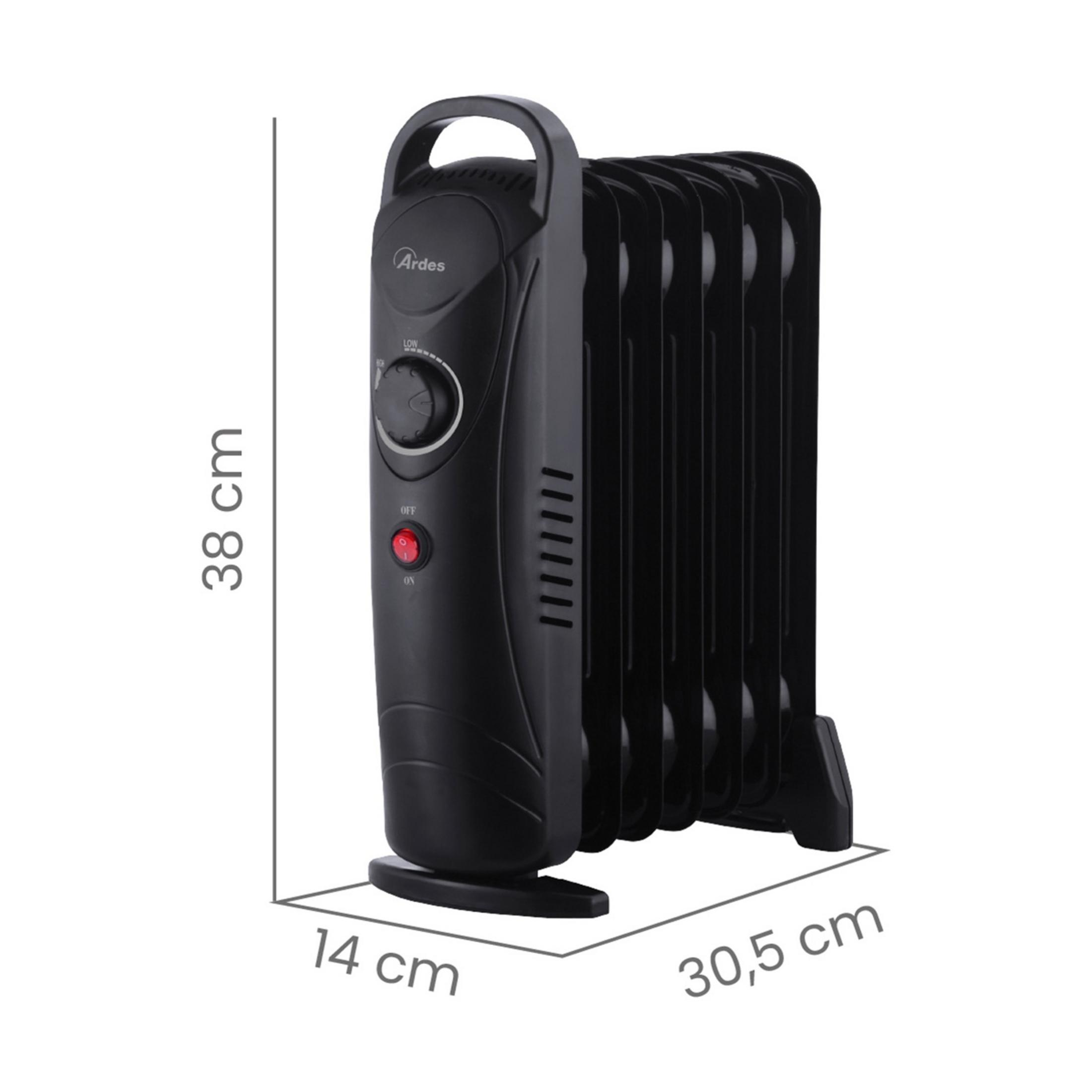 Czarny grzejnik olejowy z uchwytem, pokrętłami i wymiarami 38x14x30,5 cm.