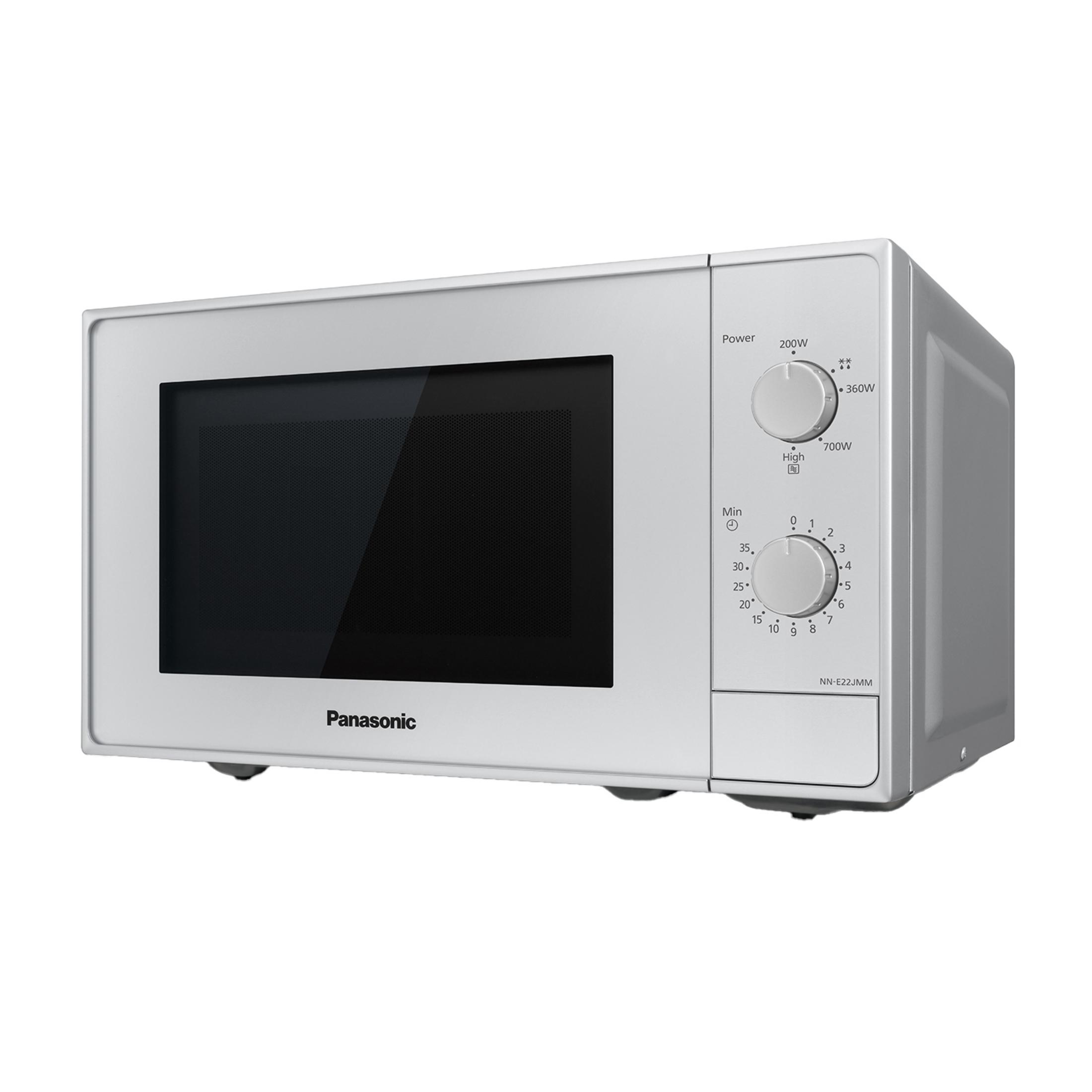 Un microondas blanco Panasonic con mandos plateados y ventana negra en la puerta.
