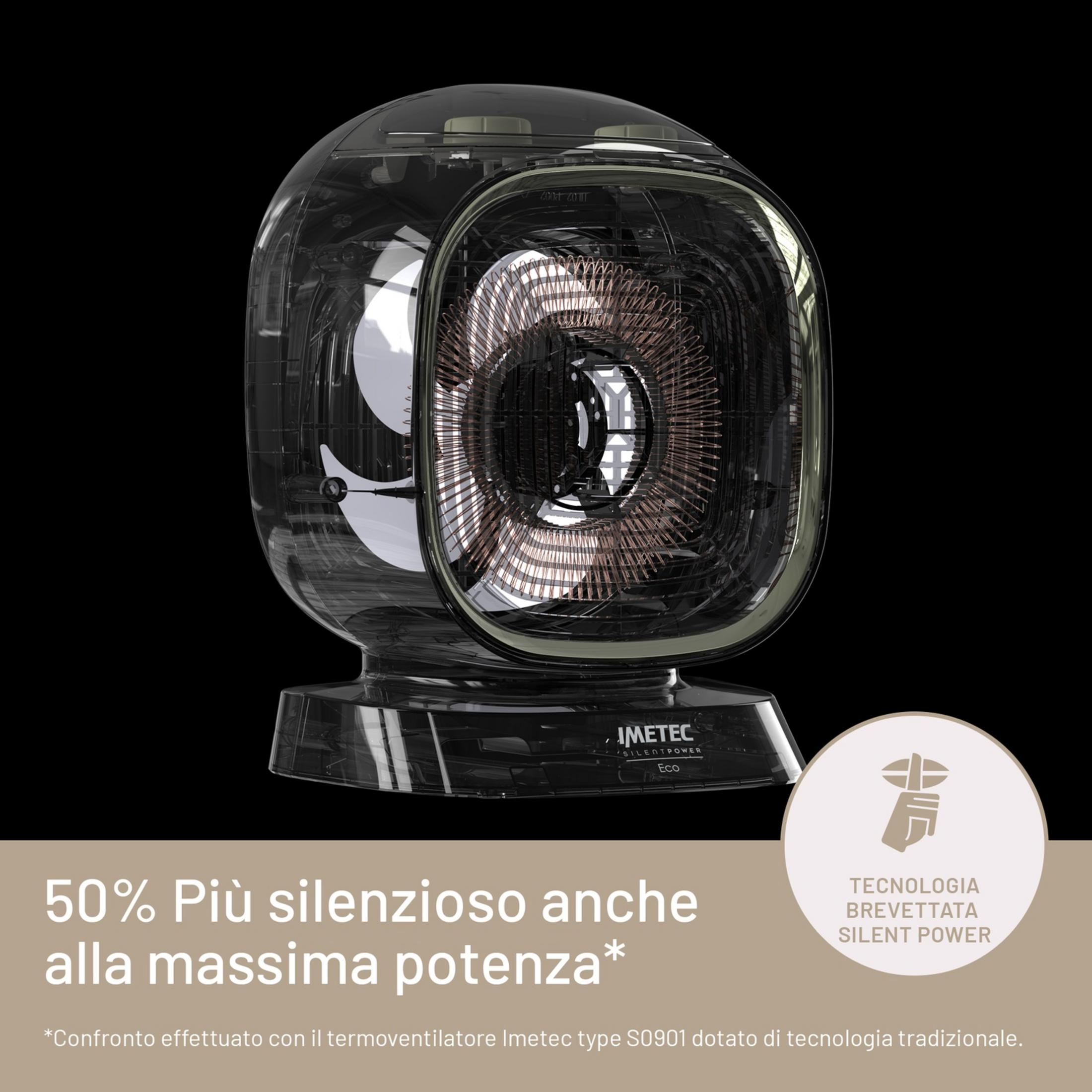 Un termoventilatore trasparente con ventola e resistenze visibili su sfondo nero.
