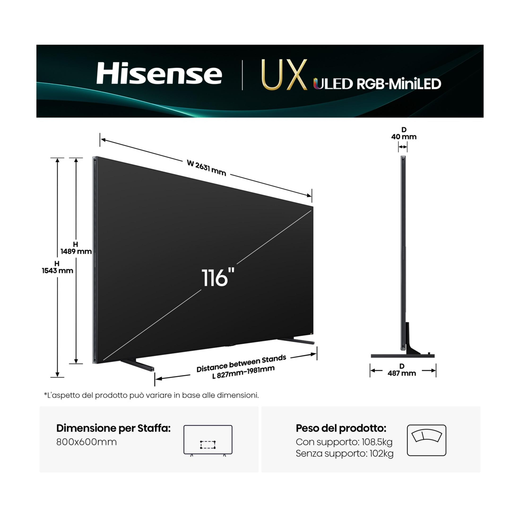 TV Hisense UX ULED con dimensioni: 2631mm larghezza, 1489mm altezza, 40mm profondità.