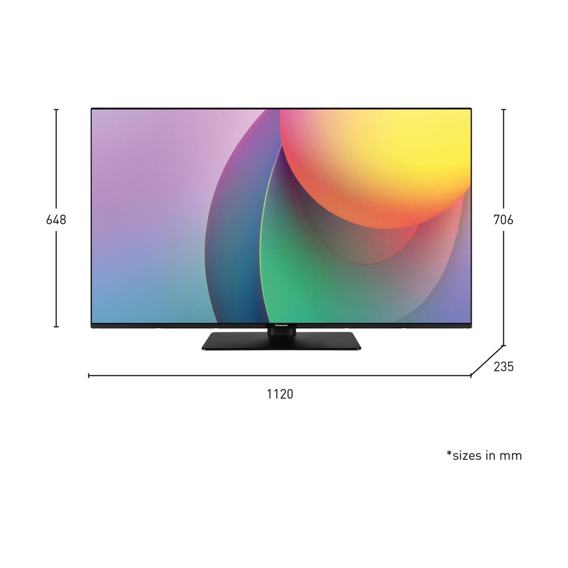 Telewizor Panasonic z kolorowym tłem i oznaczeniami wymiarów.