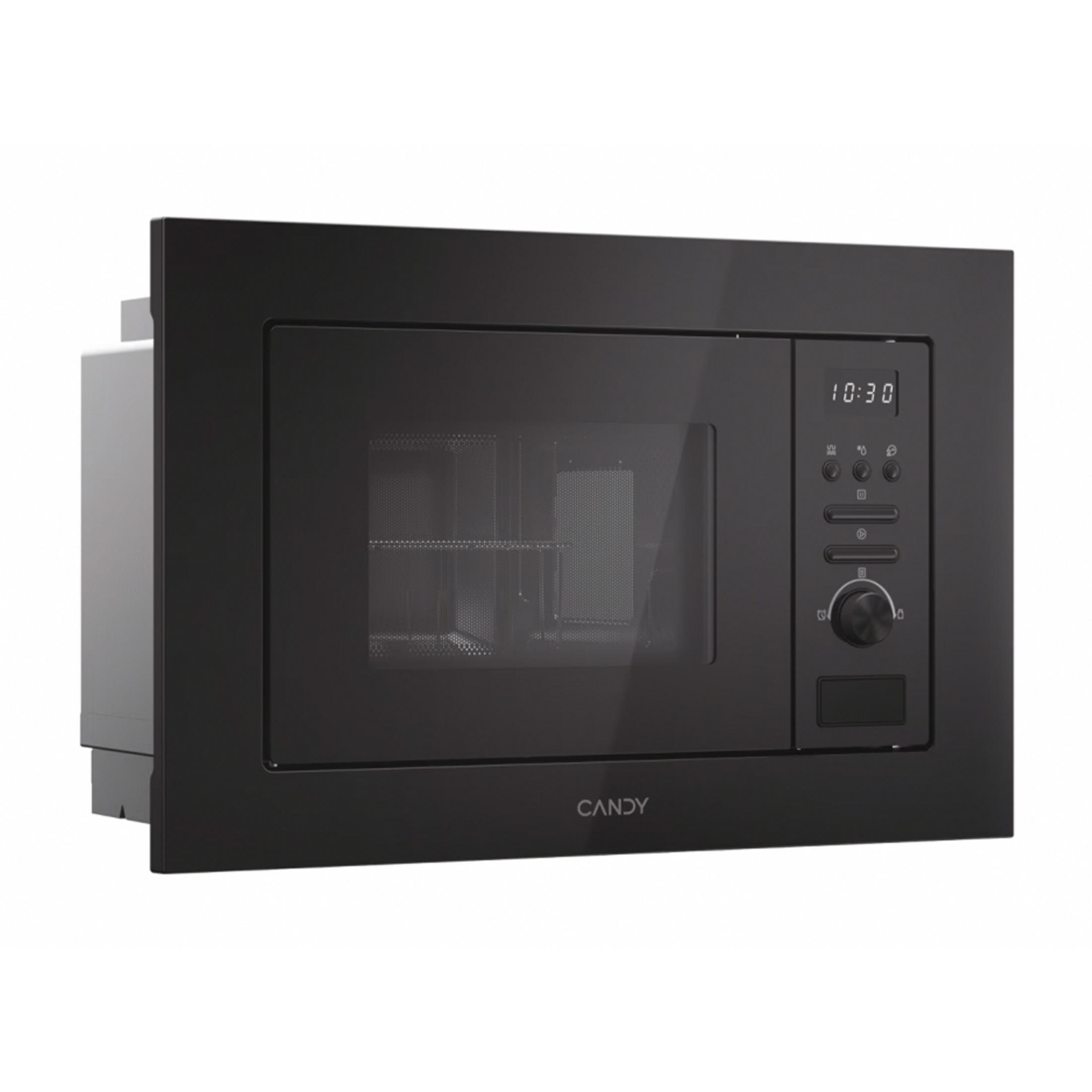 Czarna kuchenka mikrofalowa do zabudowy z cyfrowym wyświetlaczem czasu.