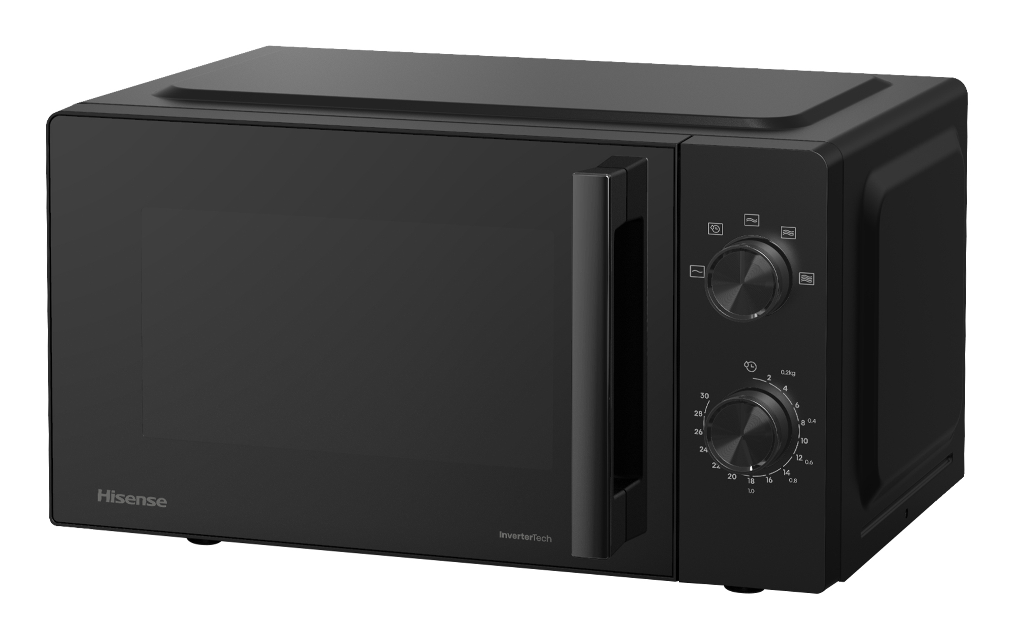 Czarna kuchenka mikrofalowa Hisense z pokrętłami i uchwytem. Tło białe.