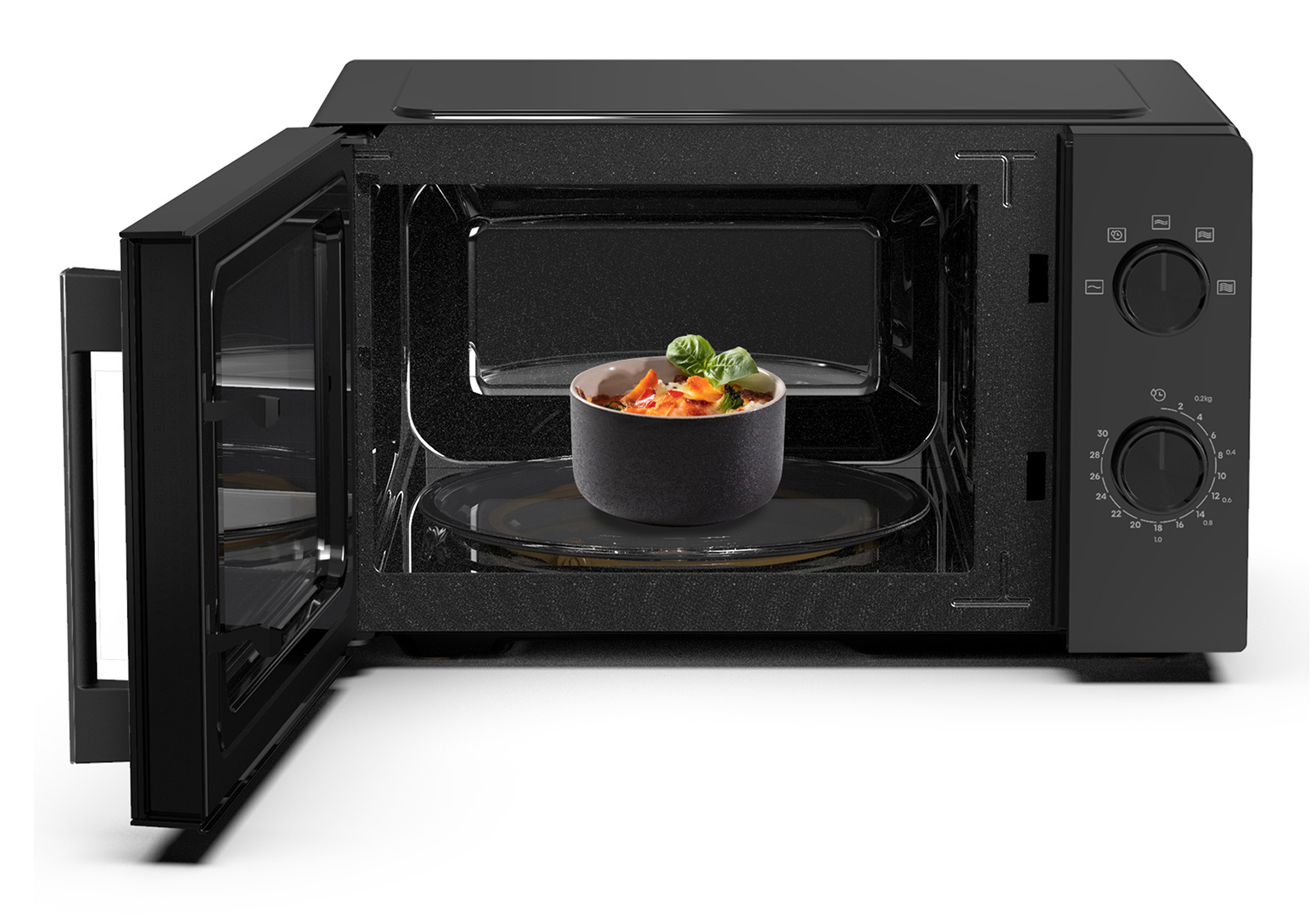 Czarna kuchenka mikrofalowa z otwartymi drzwiami, zawierająca miskę jedzenia.