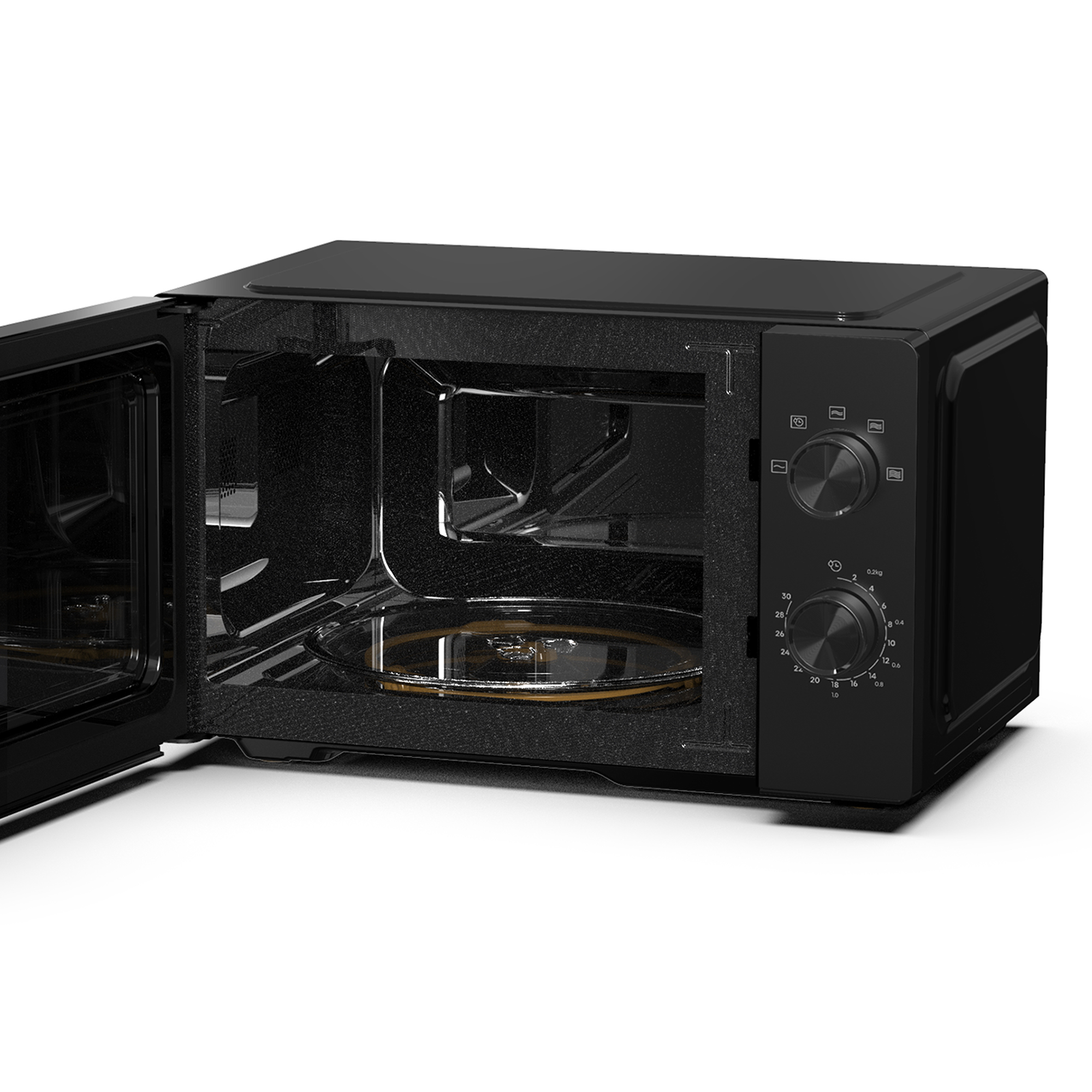 Czarna kuchenka mikrofalowa z otwartymi drzwiami, szklanym talerzem i pokrętłami.