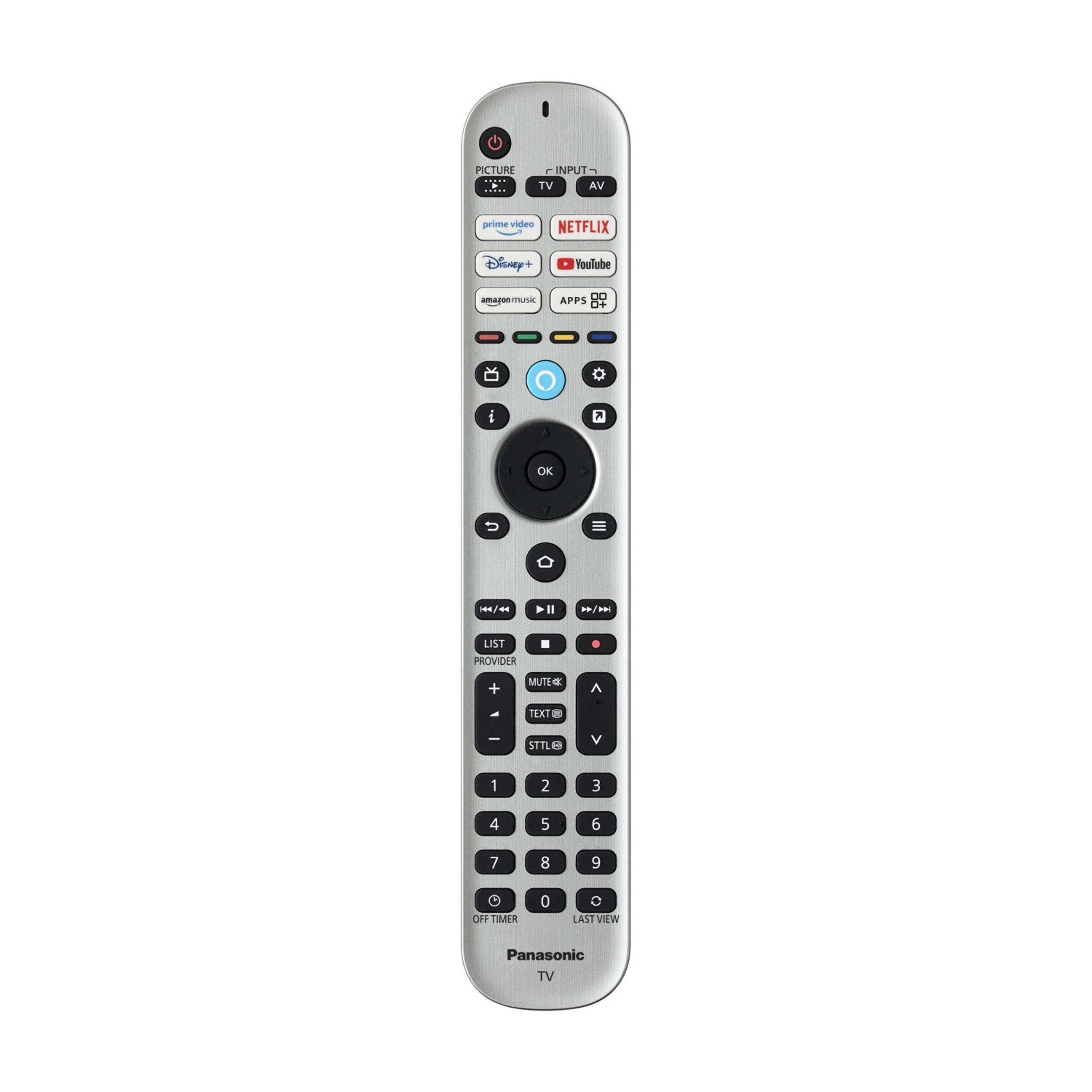 Telecomando TV Panasonic argentato con tastierino numerico e pulsanti app.