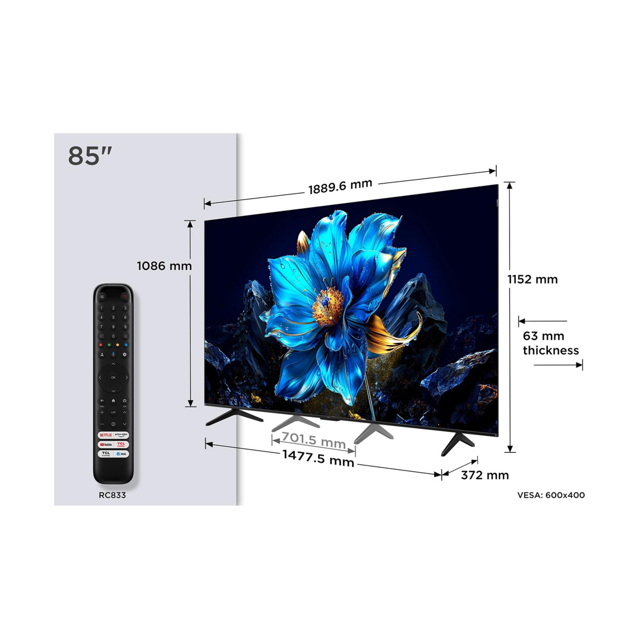 Telewizor 85 cali z pilotem i wymiarami.