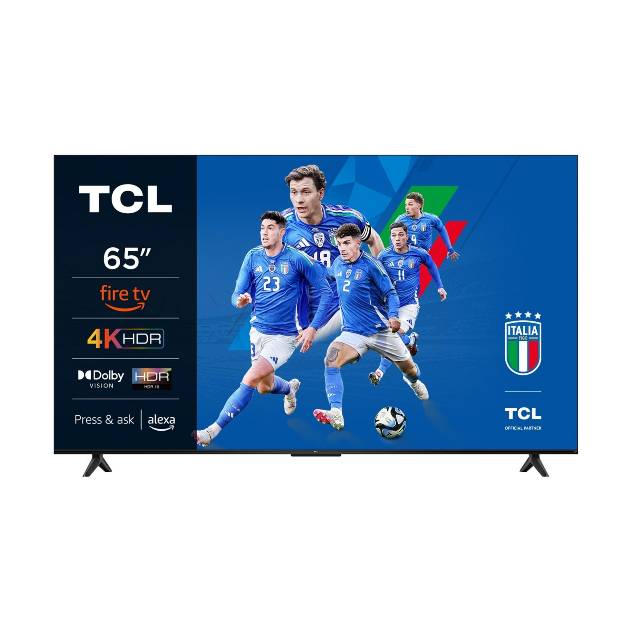 Telewizor TCL 65 cali z włoskimi piłkarzami i logo.