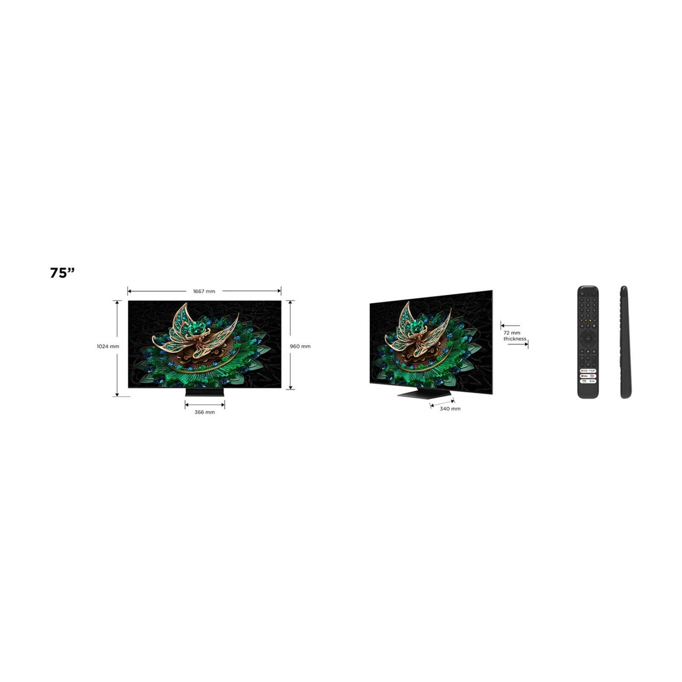 Afmetingen 75-inch tv en afstandsbediening. Voor- en zijaanzicht.