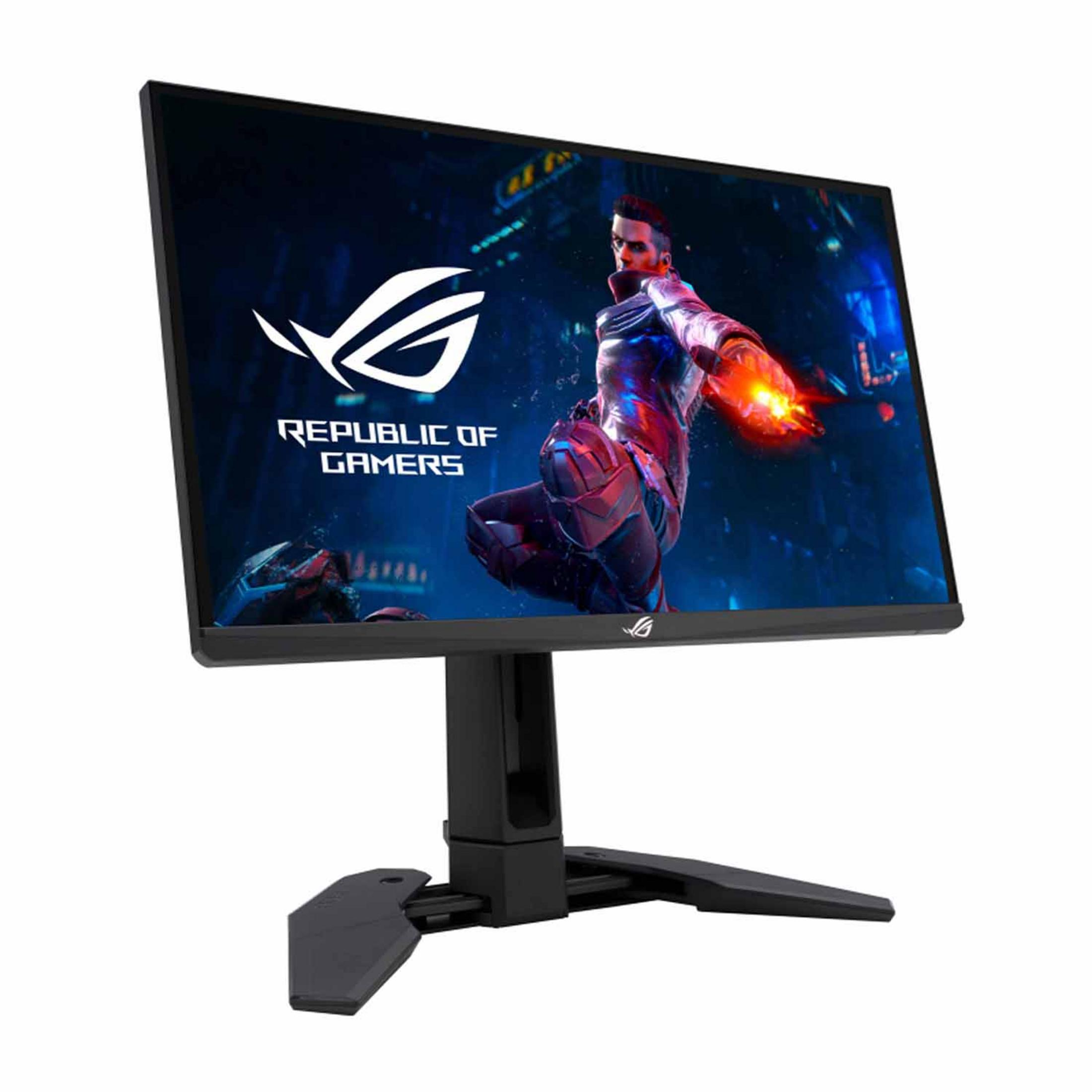 Un monitor da gaming con logo ROG e sfondo da guerriero.