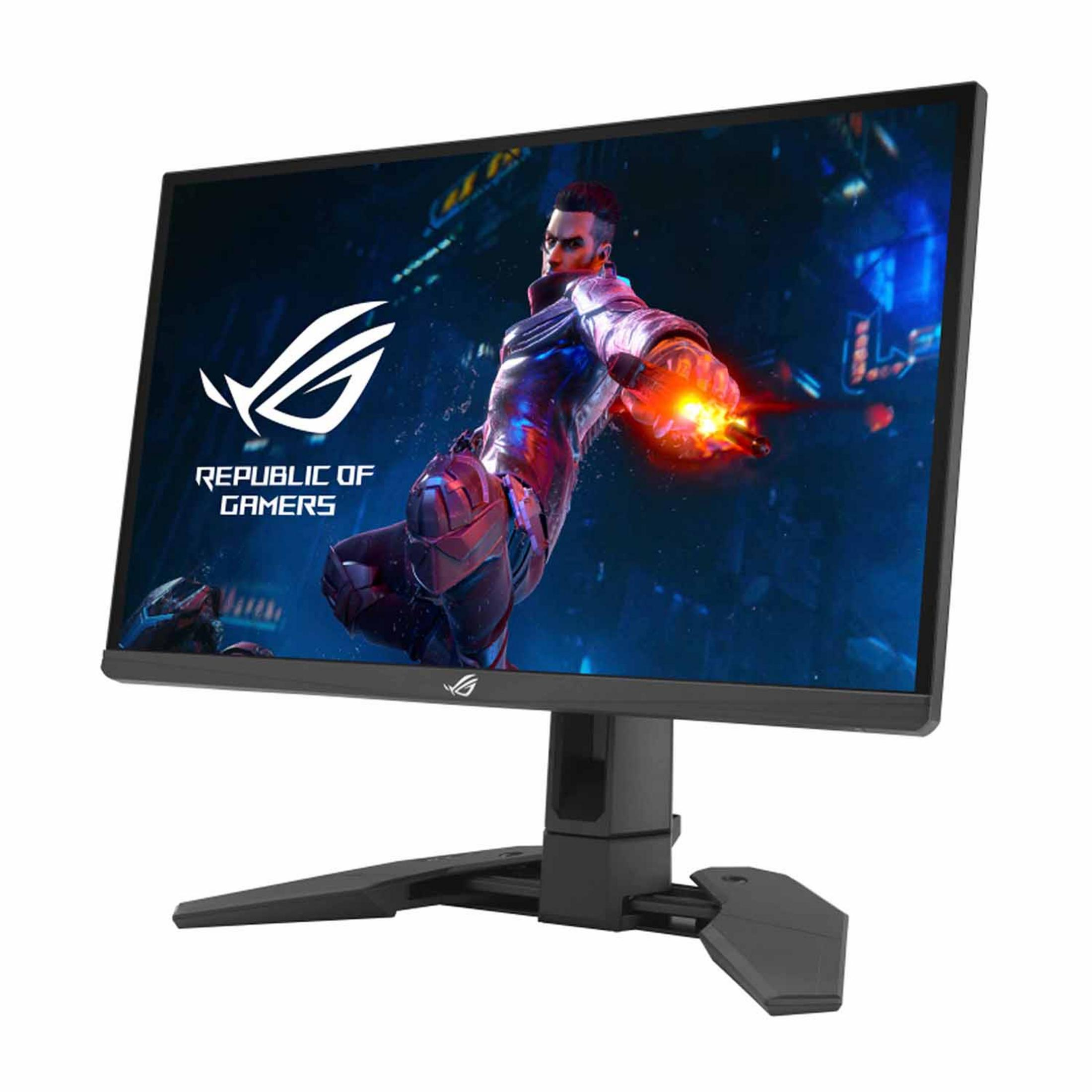 Un monitor da gaming mostra un uomo e il logo ROG.