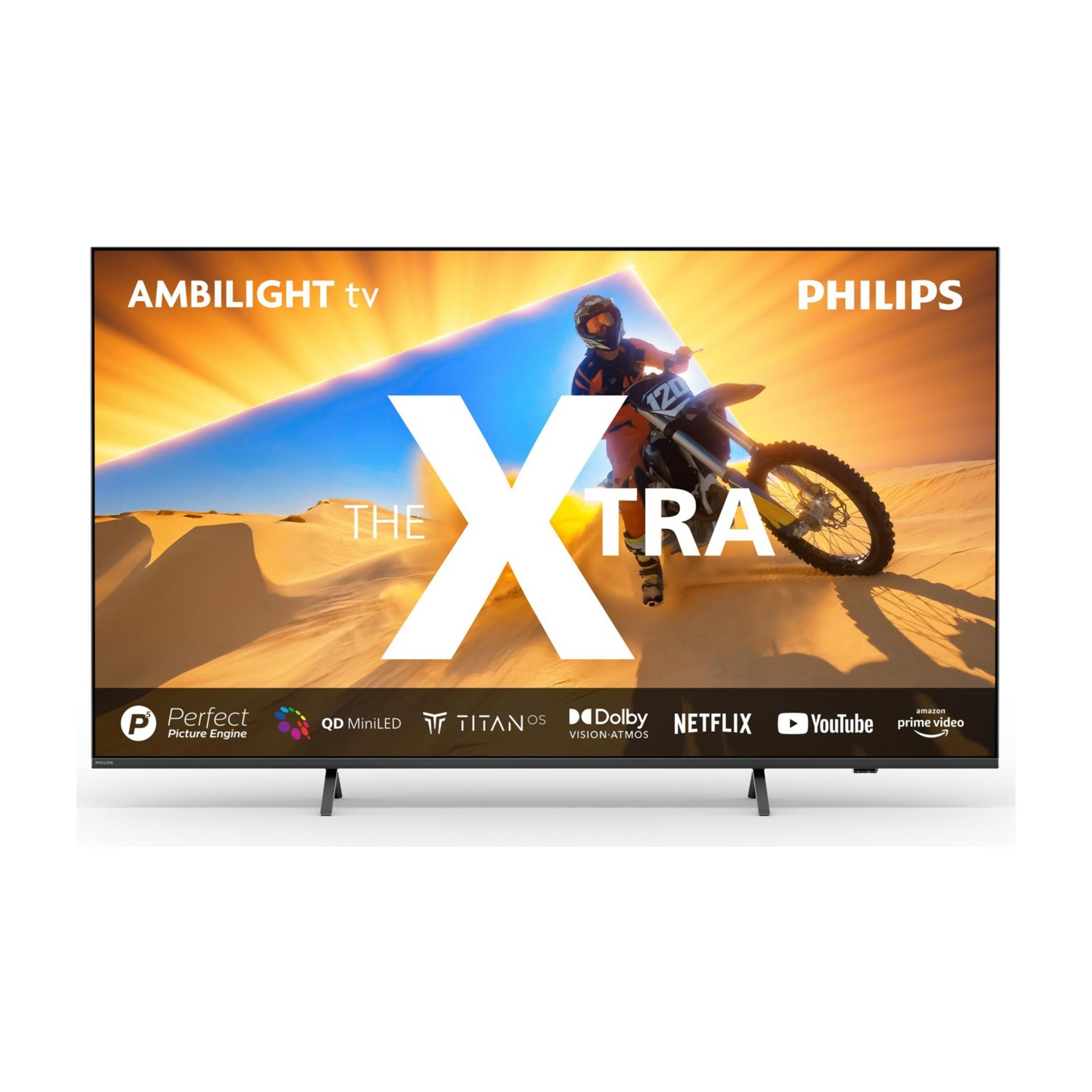 Ein Philips Fernseher zeigt einen Motocross-Fahrer in der Wüste. "THE XTRA" steht groß.