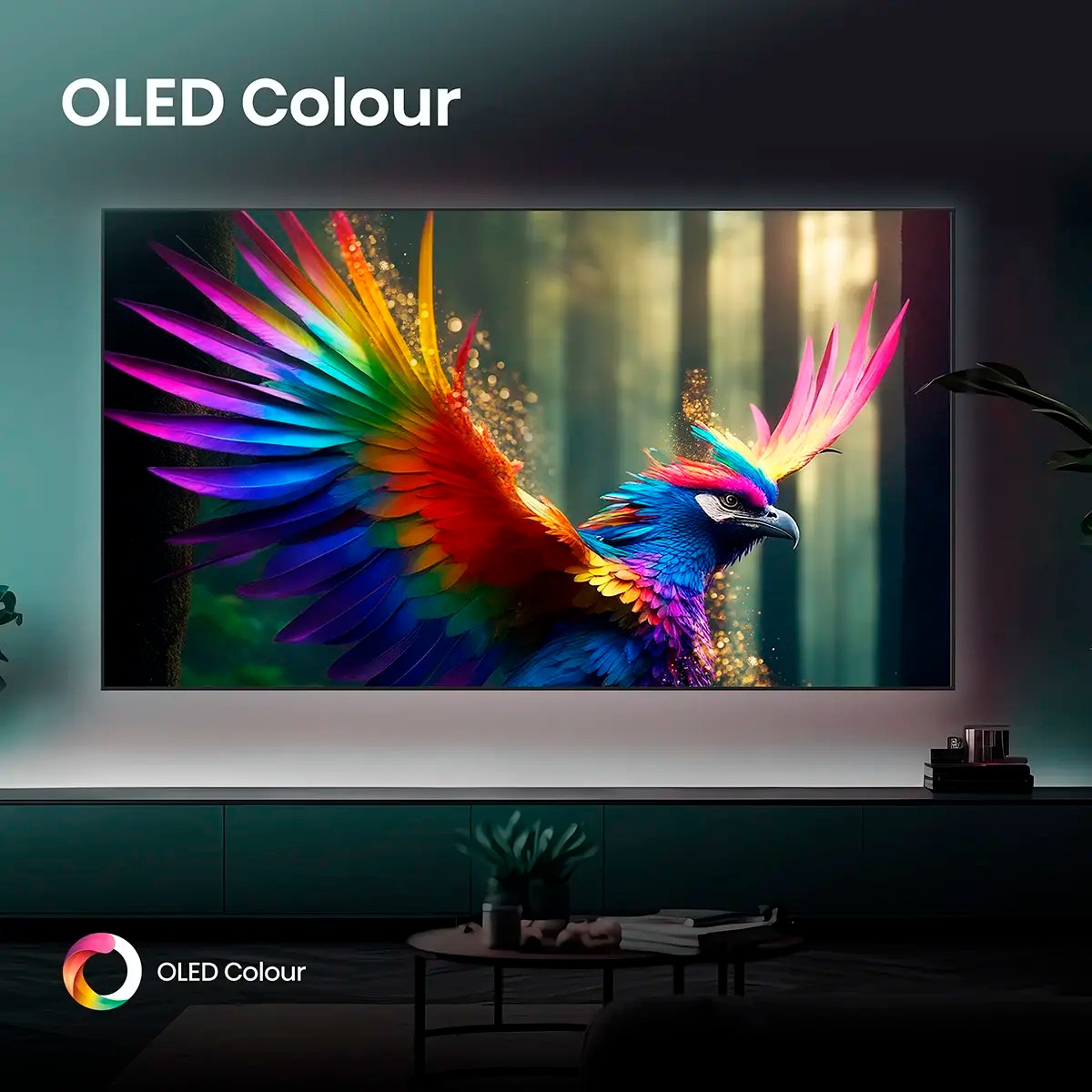 Un uccello colorato con piume arcobaleno visualizzato su un grande schermo.
