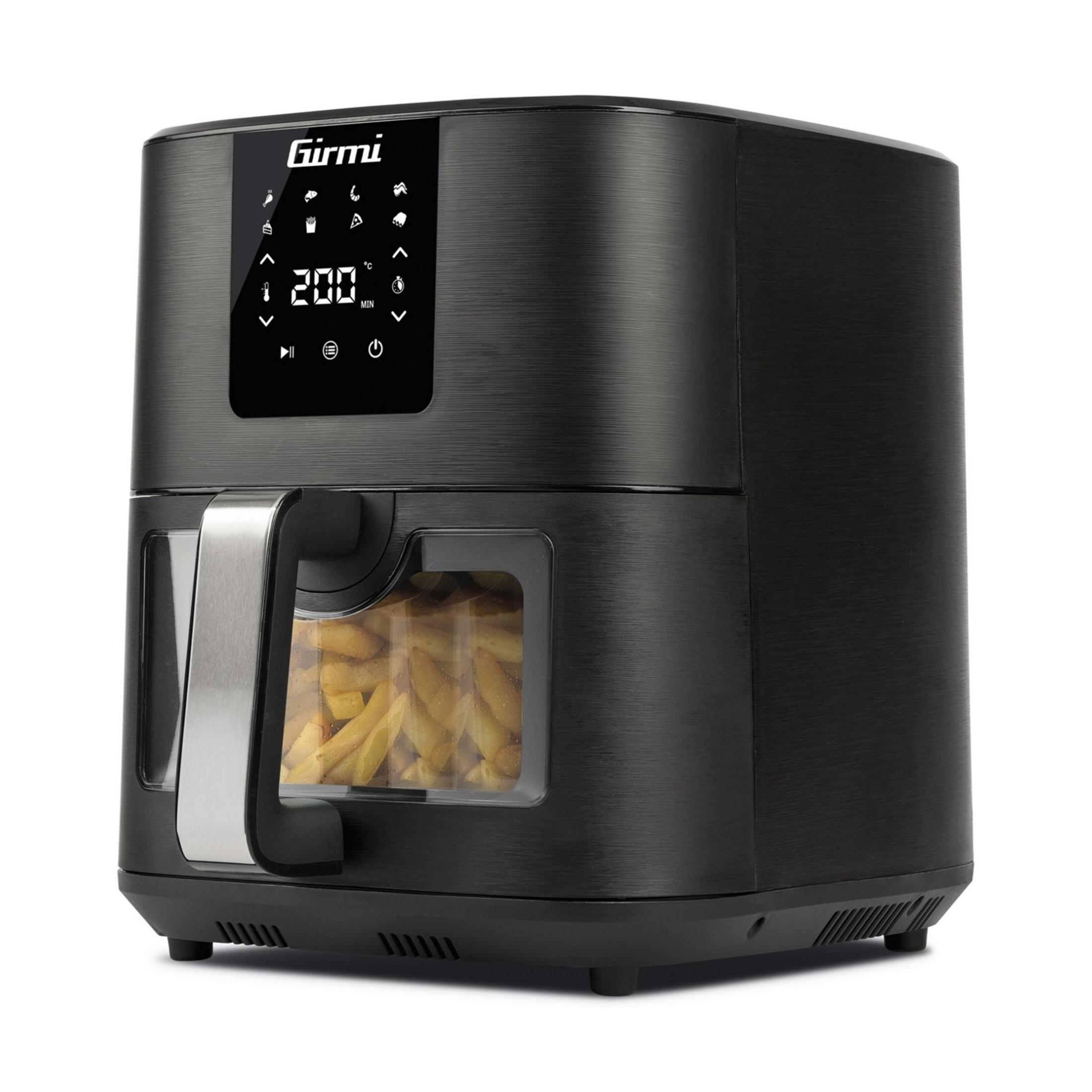 Czarna frytkownica beztłuszczowa z okienkiem i koszem frytek, wyświetlacz cyfrowy.