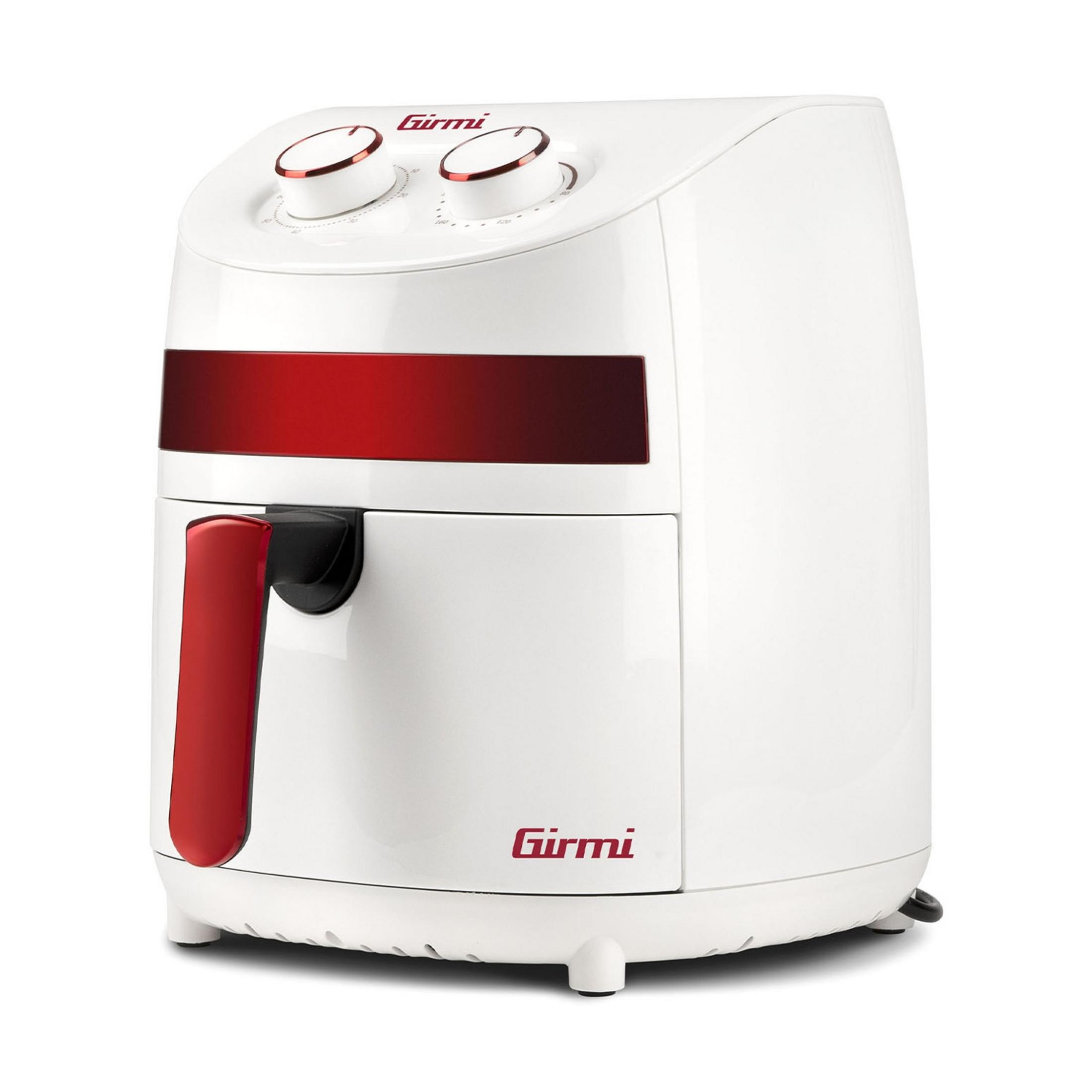 Biała frytownica Girmi z czerwonymi akcentami i pokrętłami.