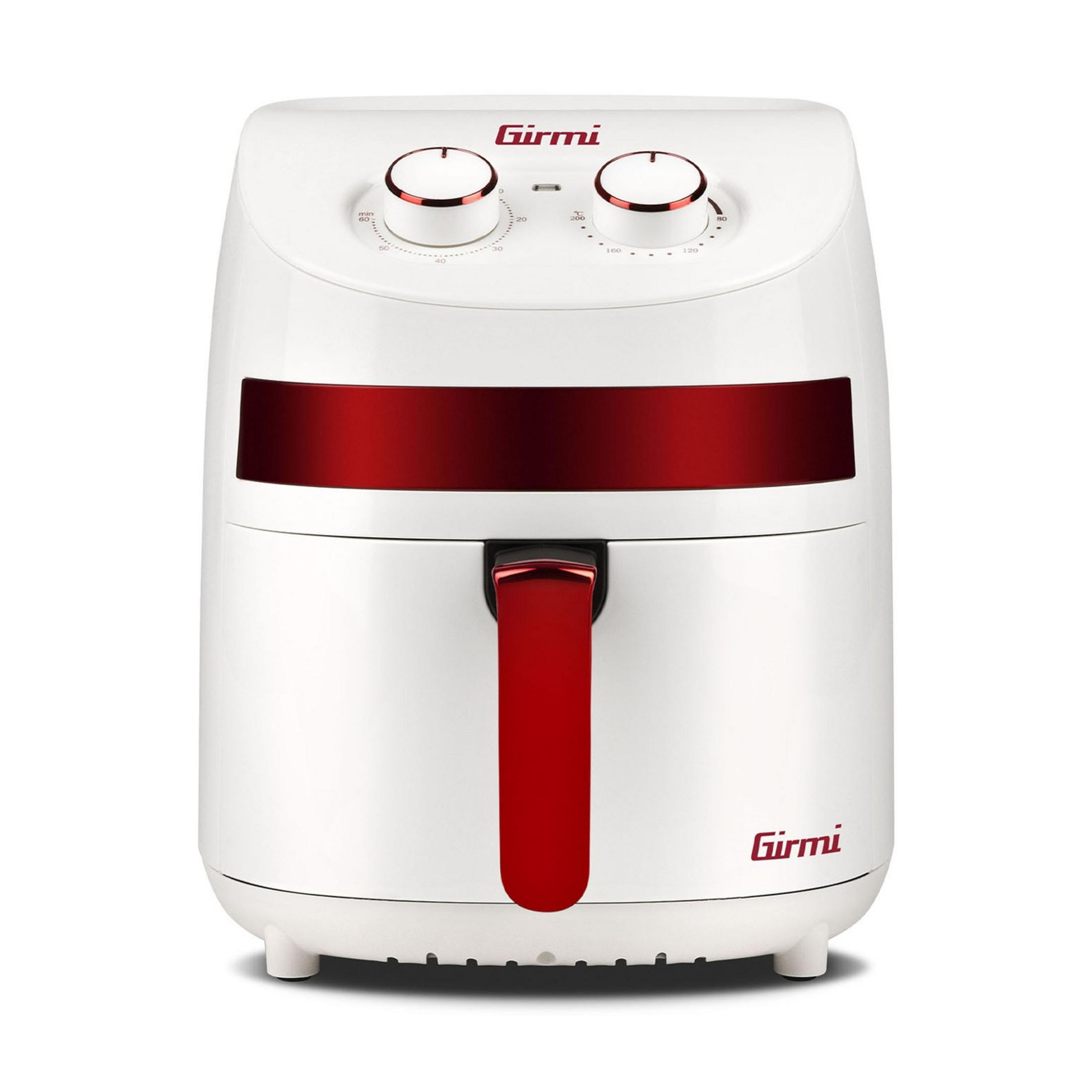 Biała frytkownica beztłuszczowa z czerwonym uchwytem i akcentami. Logo Girmi.