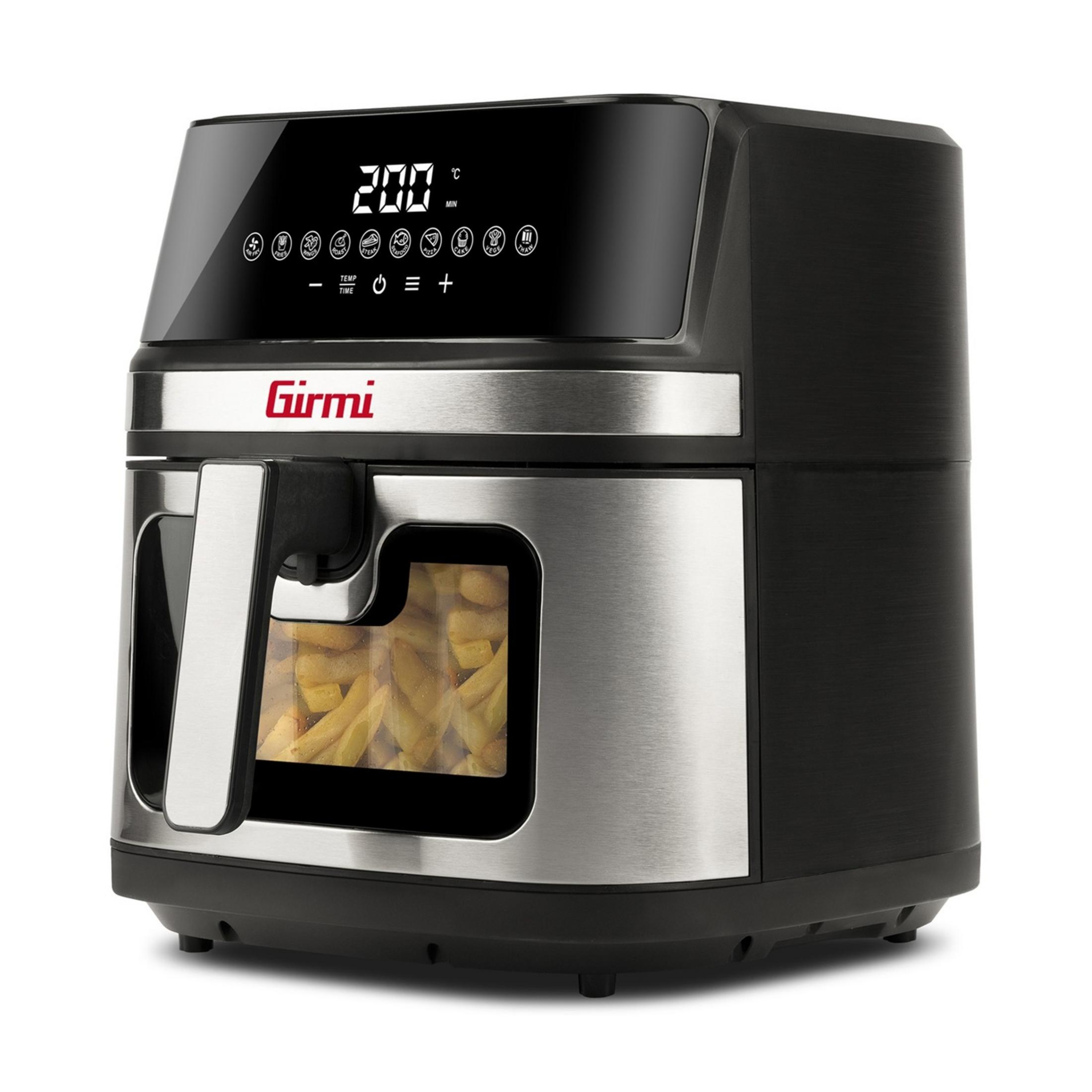 A black Girmi air fryer with silver accents, showing fries inside a window.