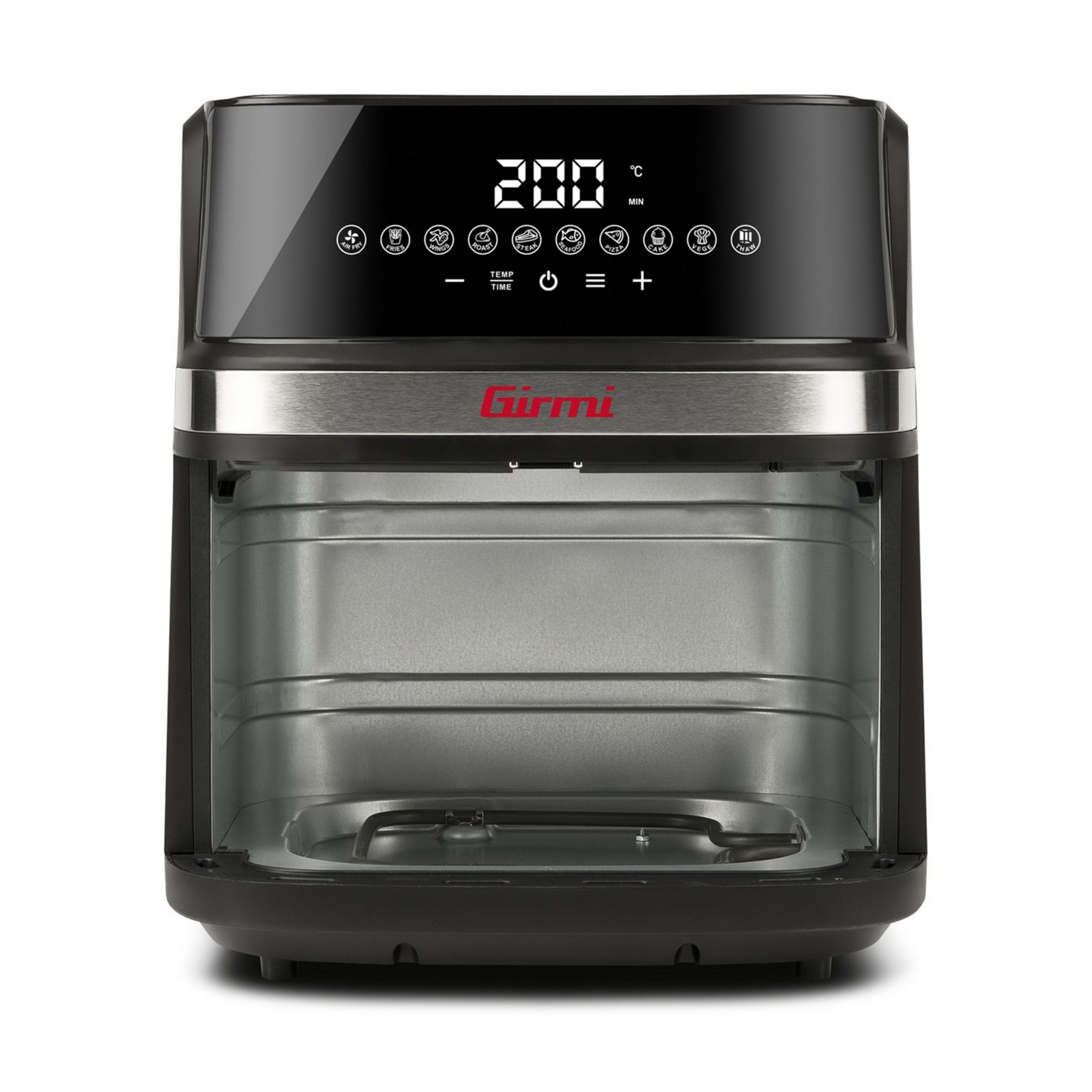 A black Girmi air fryer oven with silver accents and a digital display.