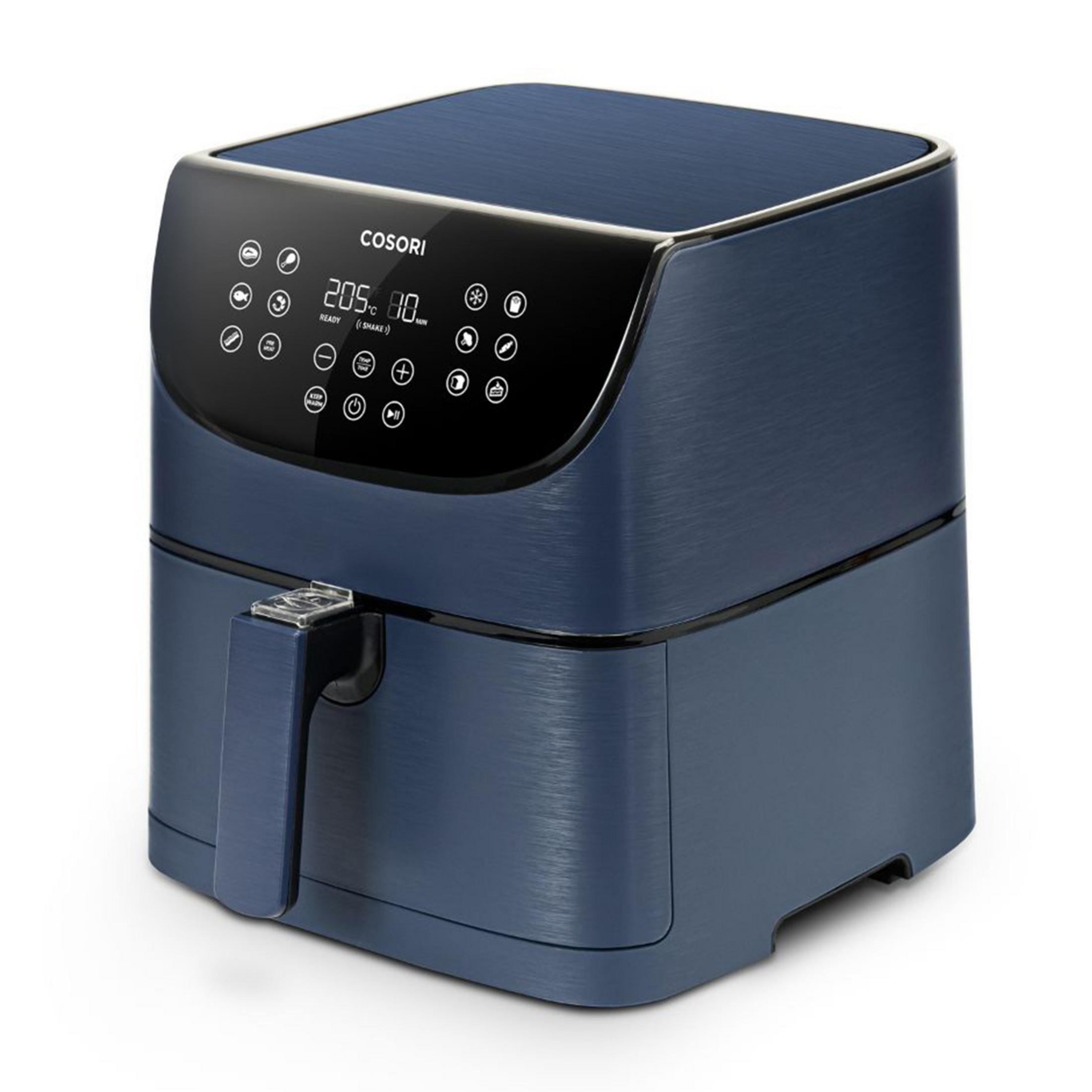 Eine dunkelblaue Heißluftfritteuse mit digitalem Display, das 205 Grad und 80 Minuten anzeigt.