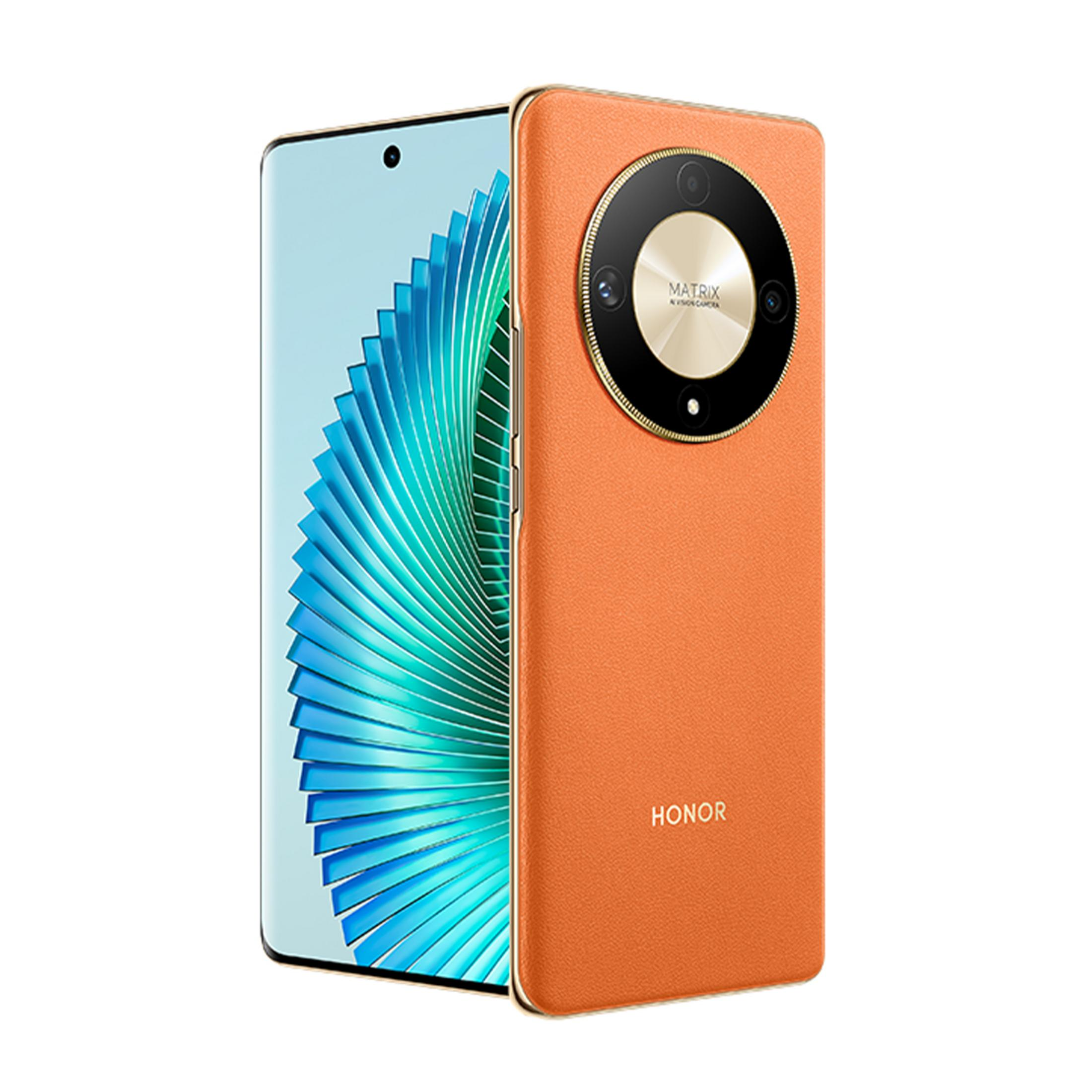 Uno smartphone arancione con bordo dorato e modulo fotocamera rotondo, mostrato in verticale.