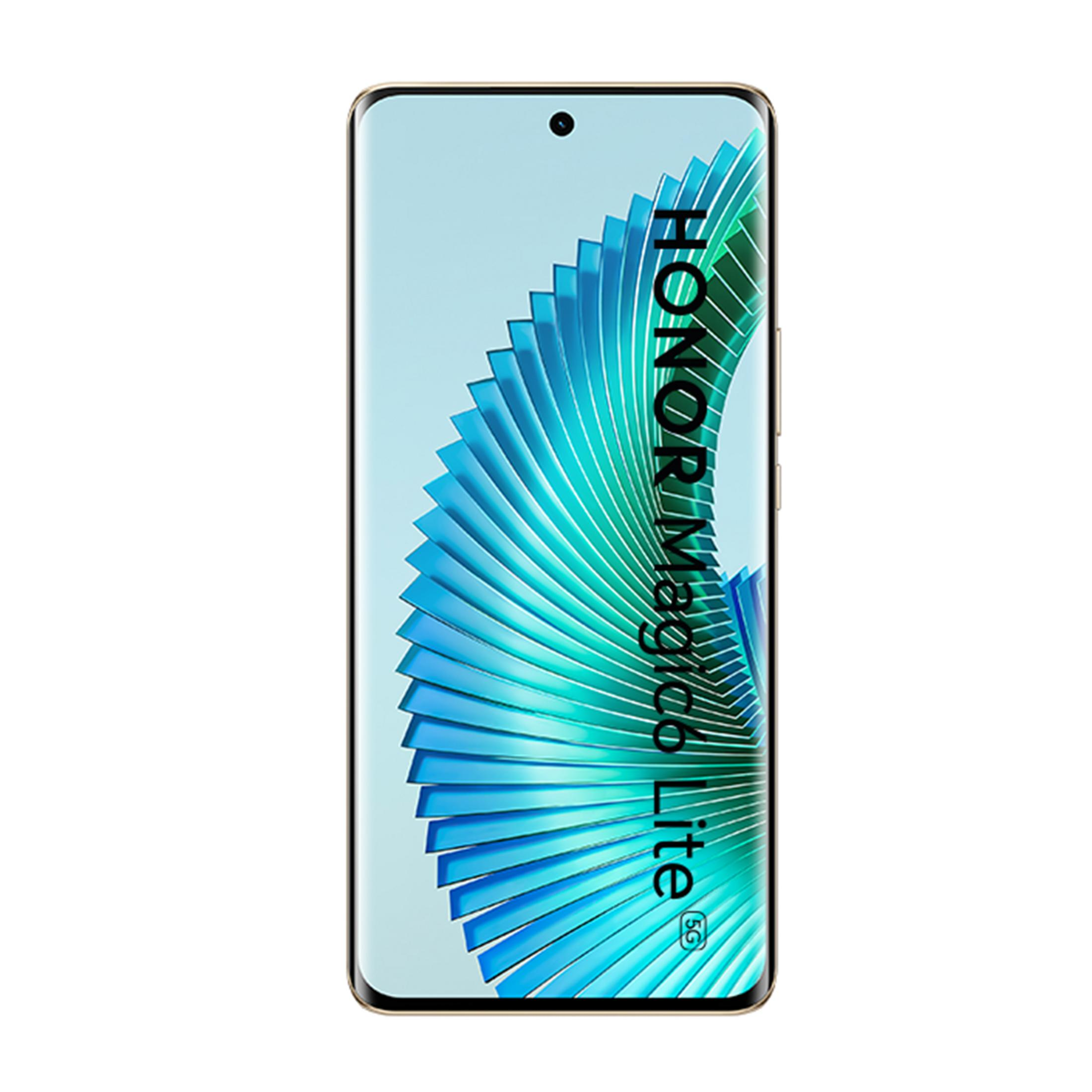 Smartphone Honor Magic6 Lite 5G dorato con sfondo a ventaglio blu-verde.