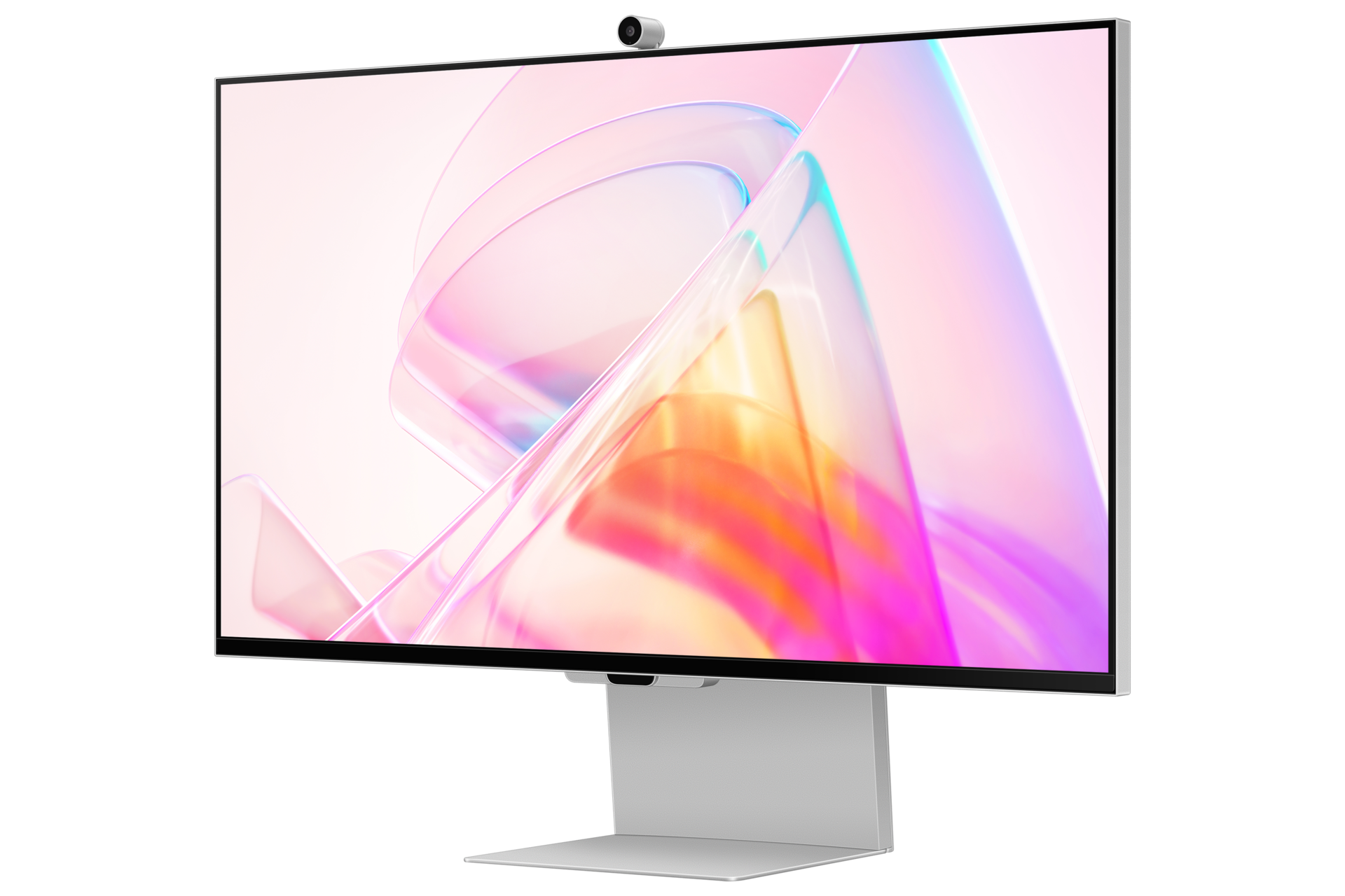 Nowoczesny monitor z abstrakcyjnym, kolorowym tłem i kamerą internetową na górze.