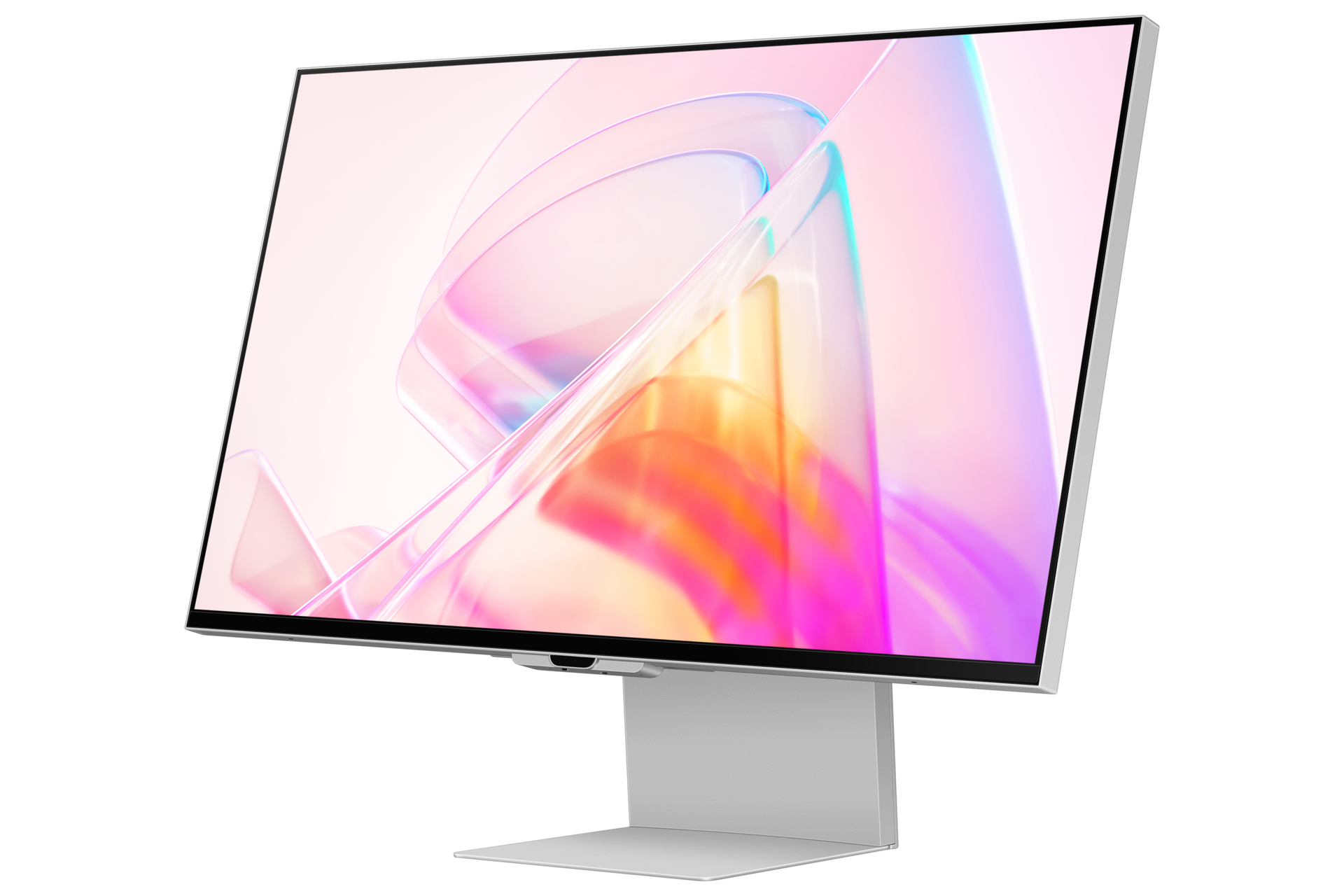 Elegancki srebrny monitor wyświetlający abstrakcyjne, kolorowe tło.