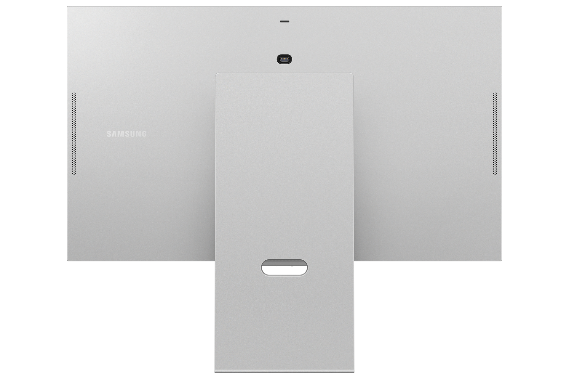 Tył srebrnego monitora Samsung ze stojakiem i portami.