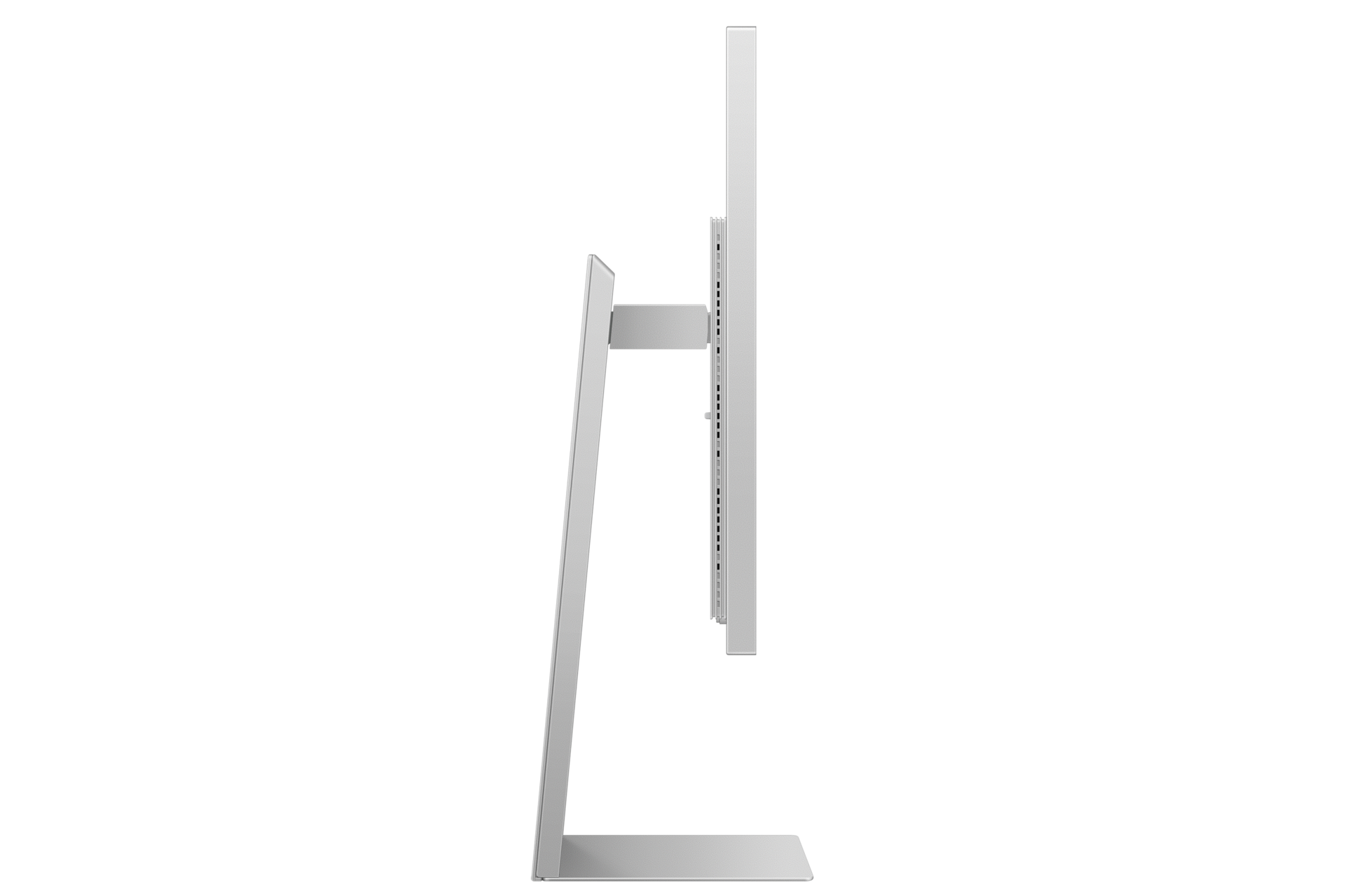 Widok z boku srebrnego monitora z cienką podstawą.