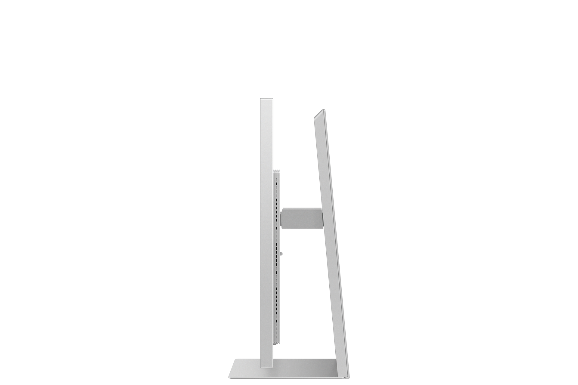 Widok z boku białego monitora z wąską ramką na czarnym tle.