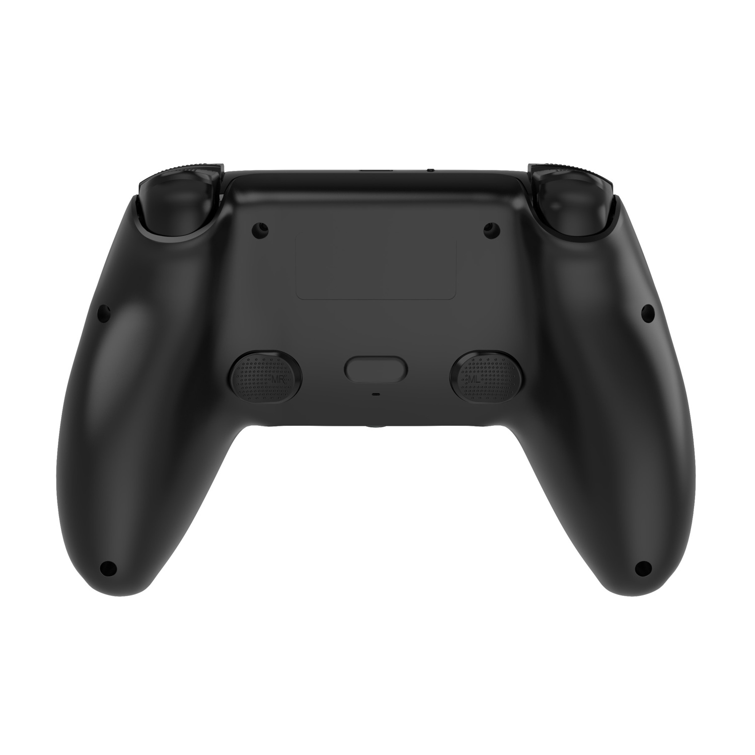 Controller di gioco nero visto da dietro, con impugnature e pulsanti.