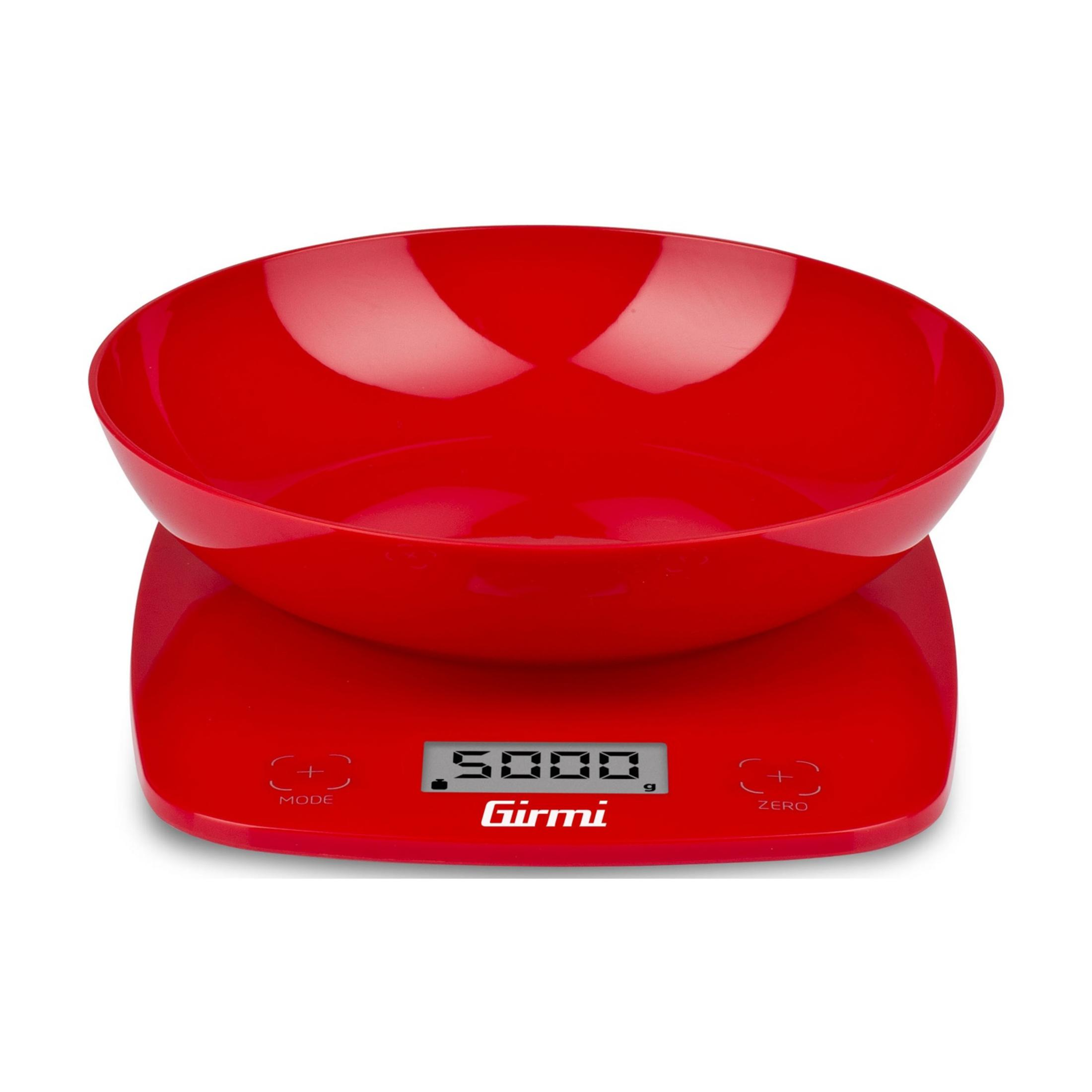 Czerwona waga kuchenna z cyfrowym wyświetlaczem i miską.